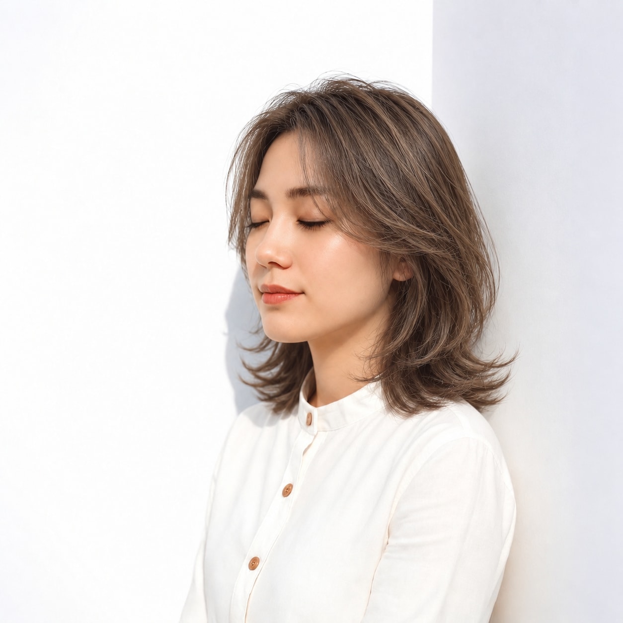 14. かき上げミディアム × アッシュブラウン：高さと曲線で大人らしく