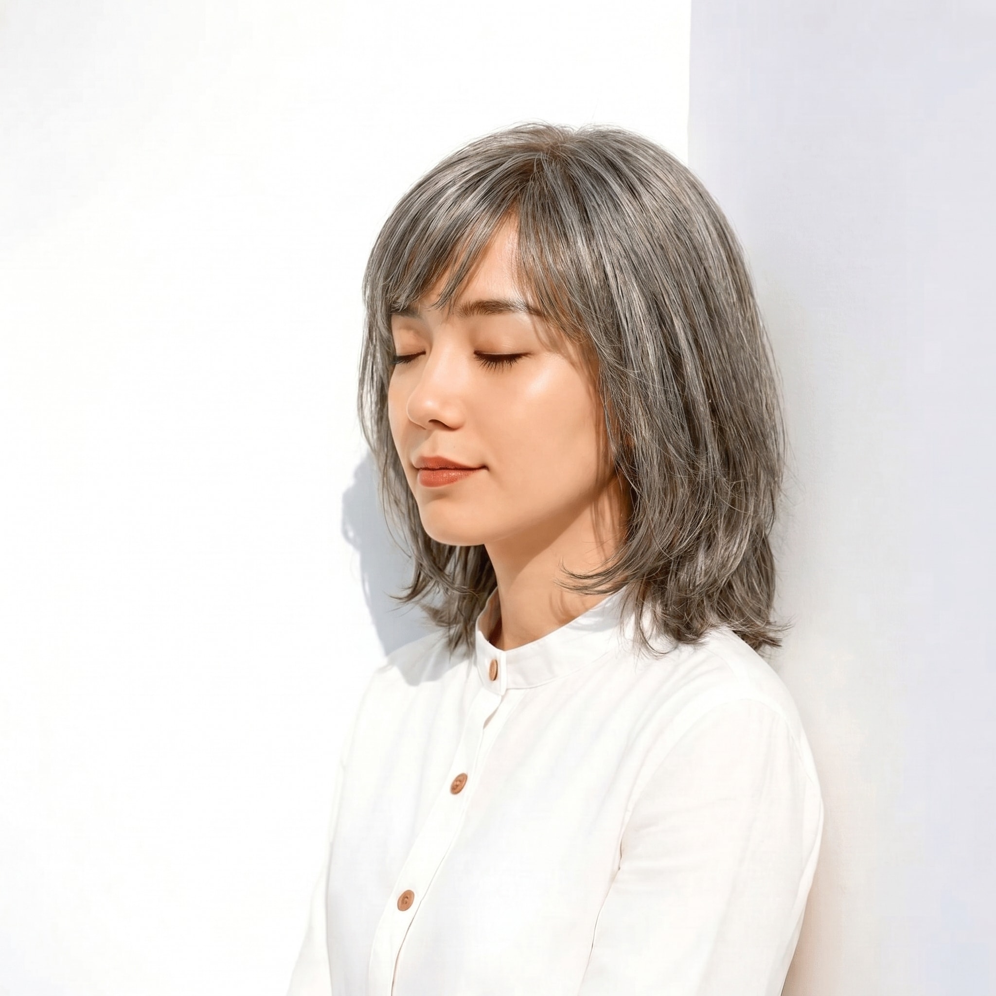 14. アイスグレージュ×透け感ミディアム: 軽やかな外ハネと内巻きで動きを演出