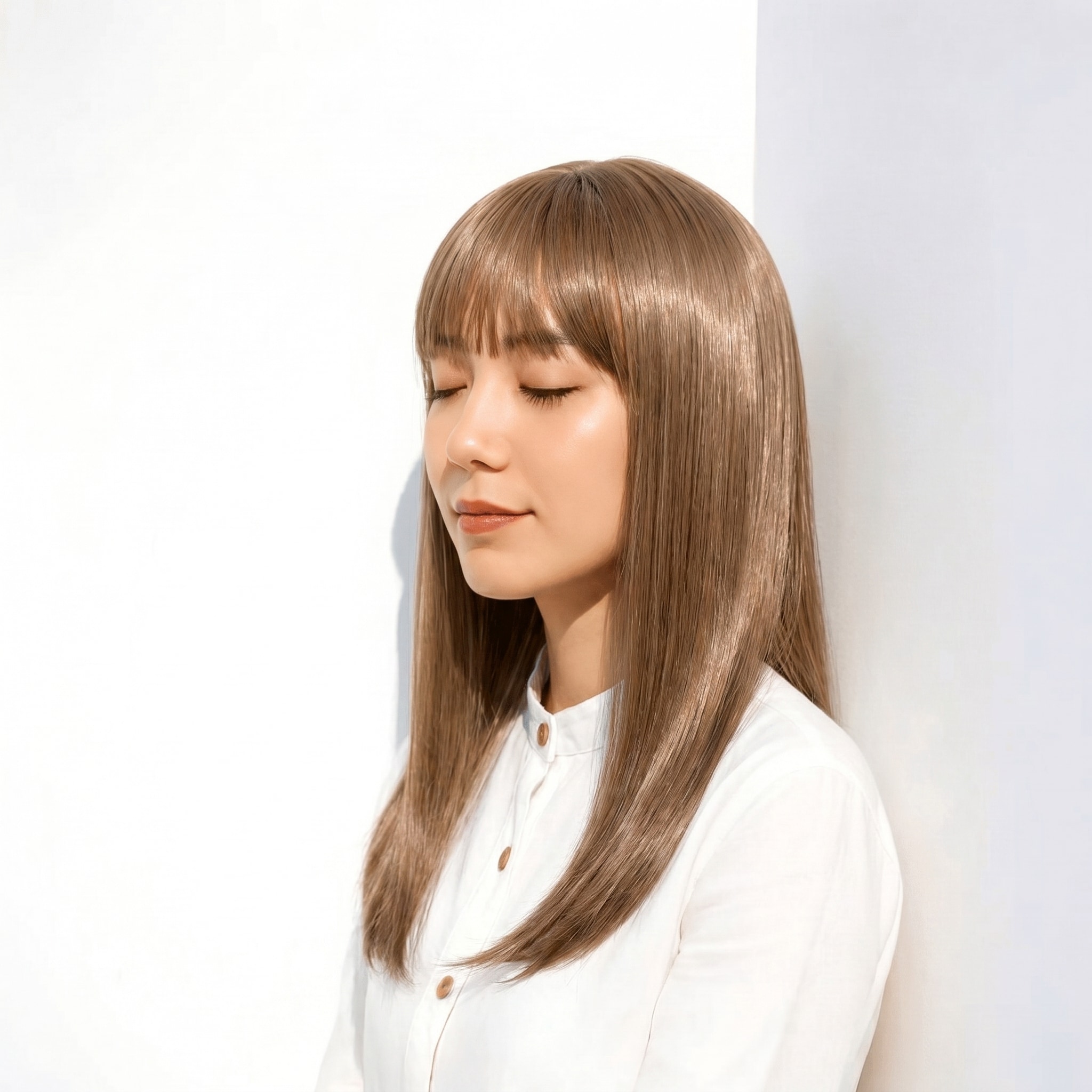 14. アッシュ ベージュ×ロングストレート: フルバングで軽やかさを演出