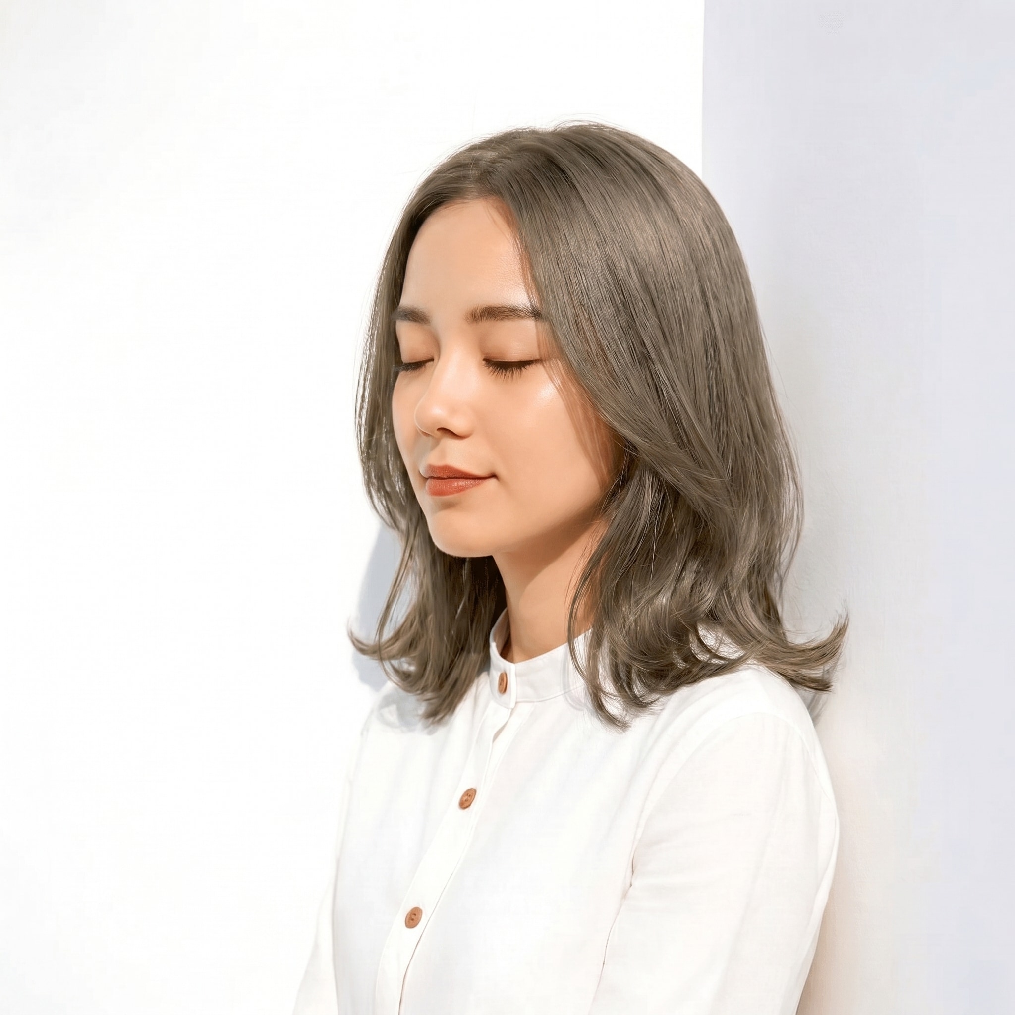 14. アッシュグレー×透明感: 鎖骨ミディアムに涼しさをプラスするワンカラー