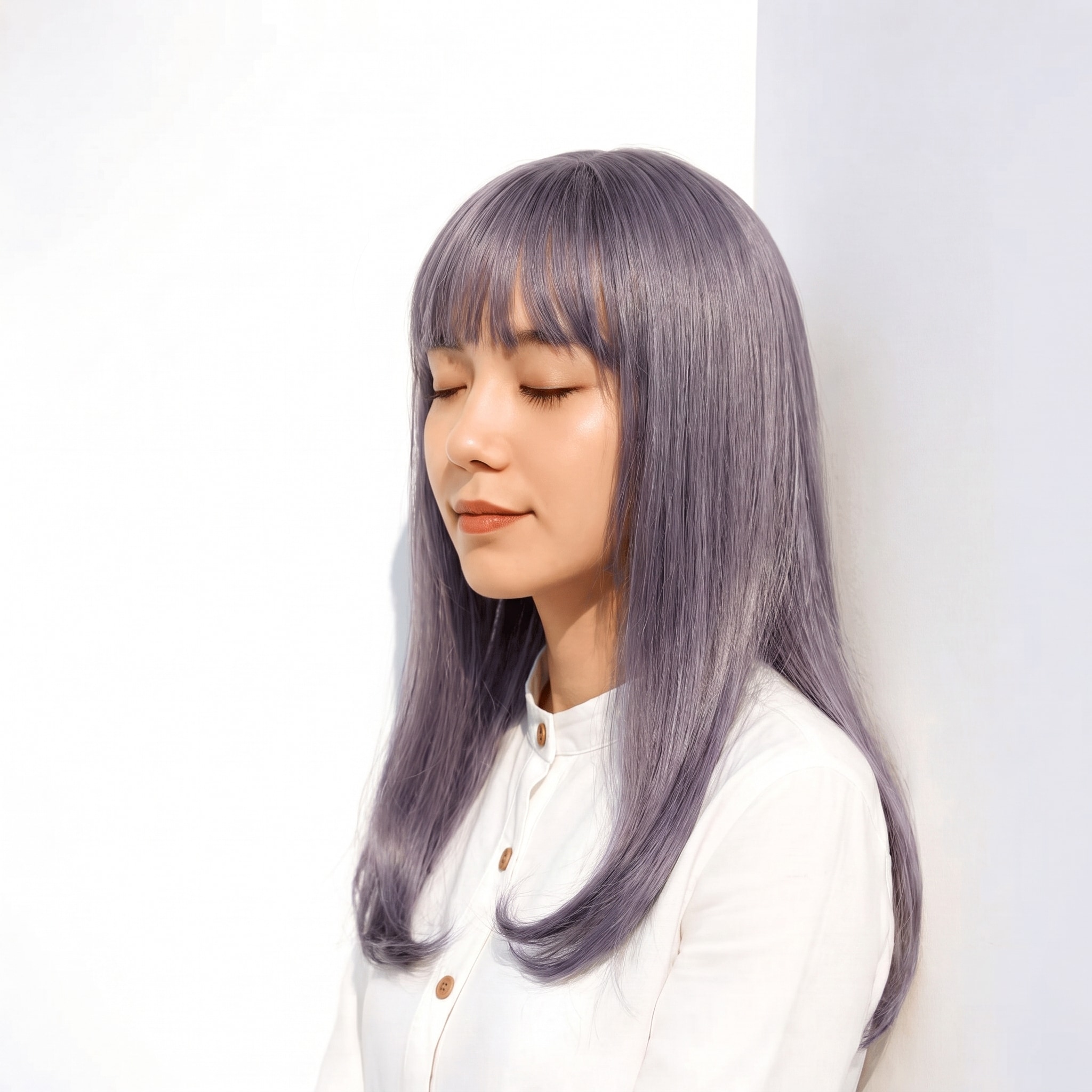 14. アッシュパープル×ストレートロング: 淡い紫で長い髪に落ち着いた透明感が出る