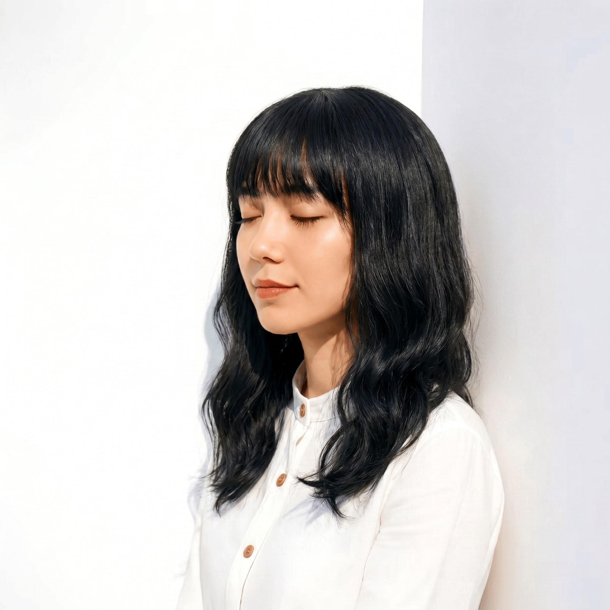 14. アッシュブラック×ワンカラー: 青みを含む色みで上品なツヤを演出