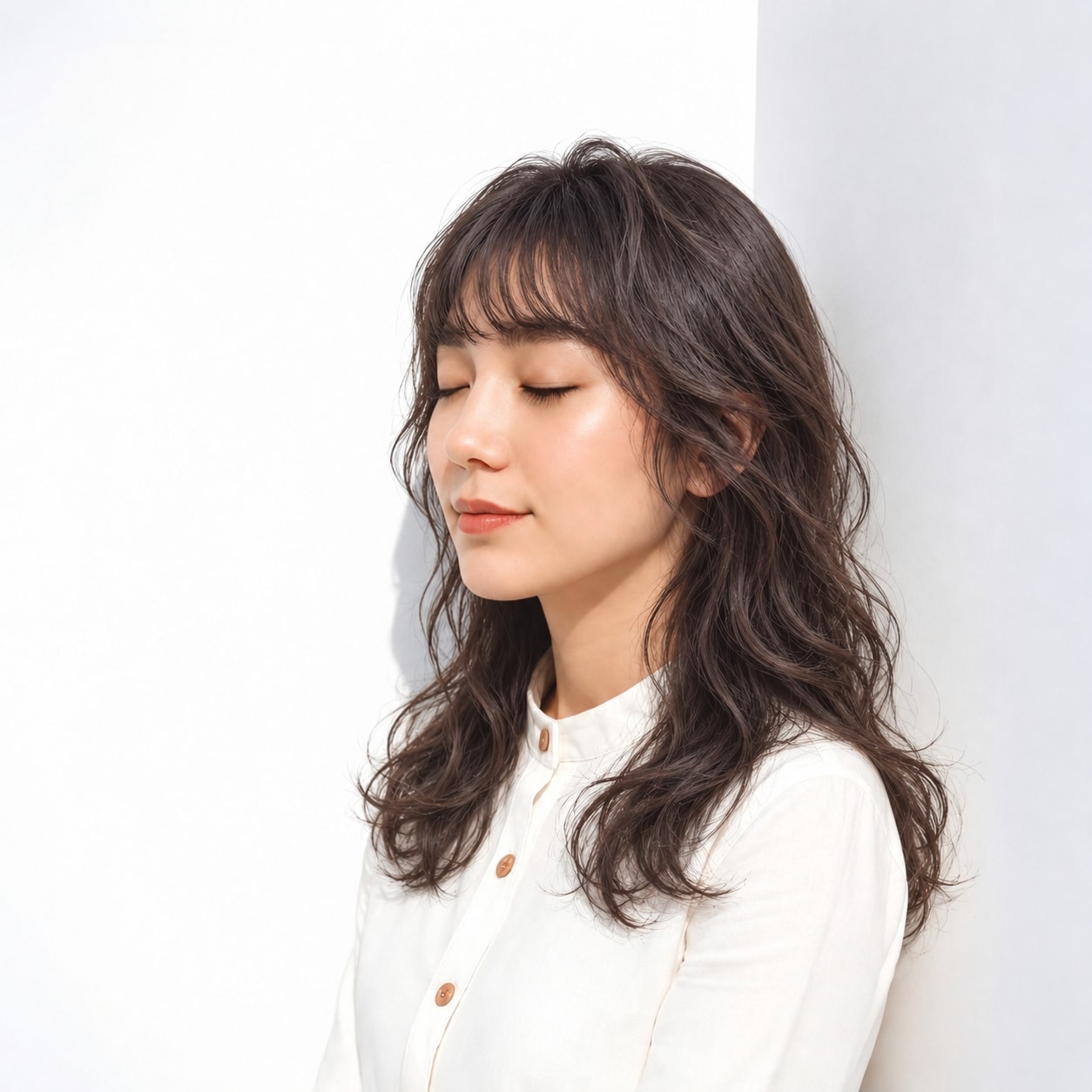 14. ウェーブロング × 短め前髪：軽い目元と曲線で愛らしく