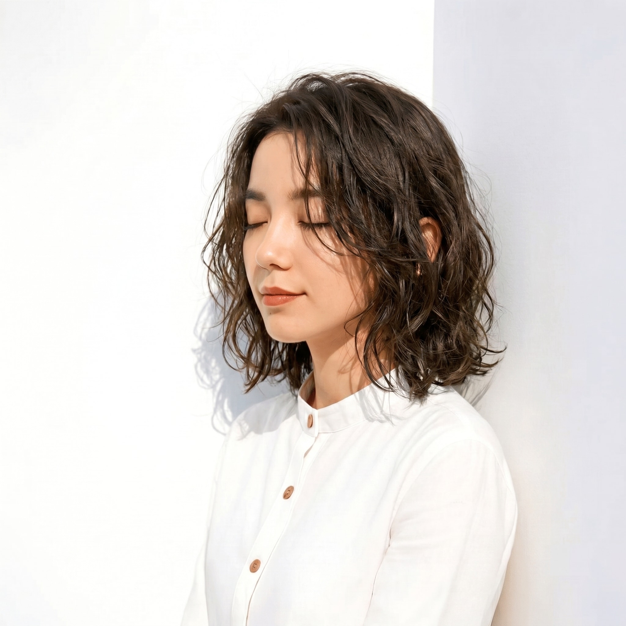 14. オリーブアッシュ×ロブウェーブ: 深みのある色で軽やかさを演出