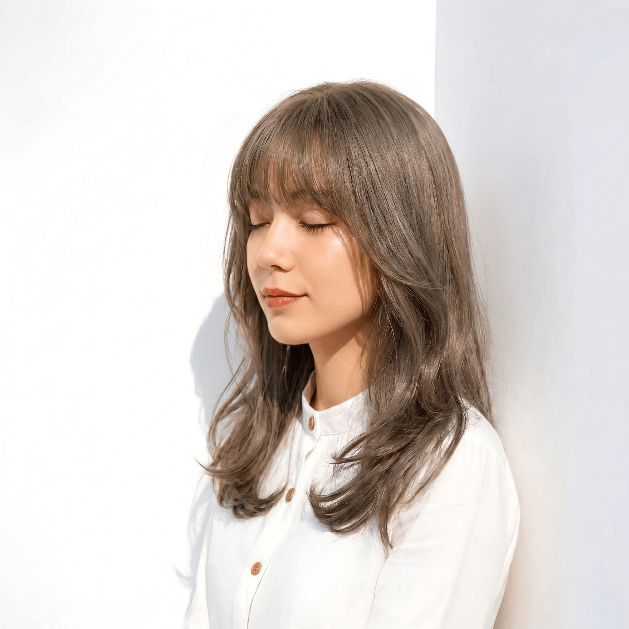 14. オリーブグレー×ミディアムレイヤー：カーキ寄りのくすみグレーで赤みを抑えた軽やかさ