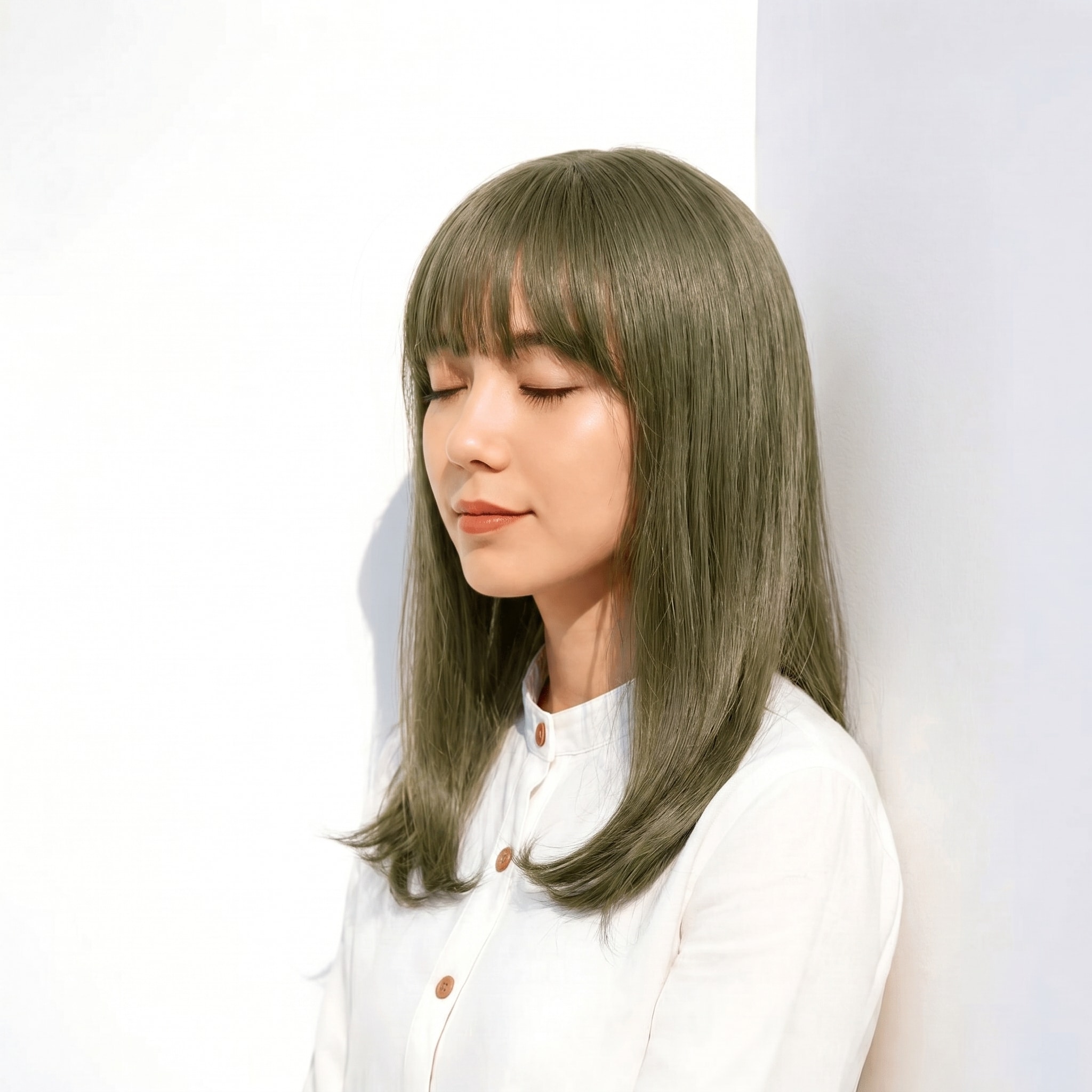 14. カーキアッシュ×ミディアムロング: 暗めのオリーブくすみでストレートのツヤを引き立てる