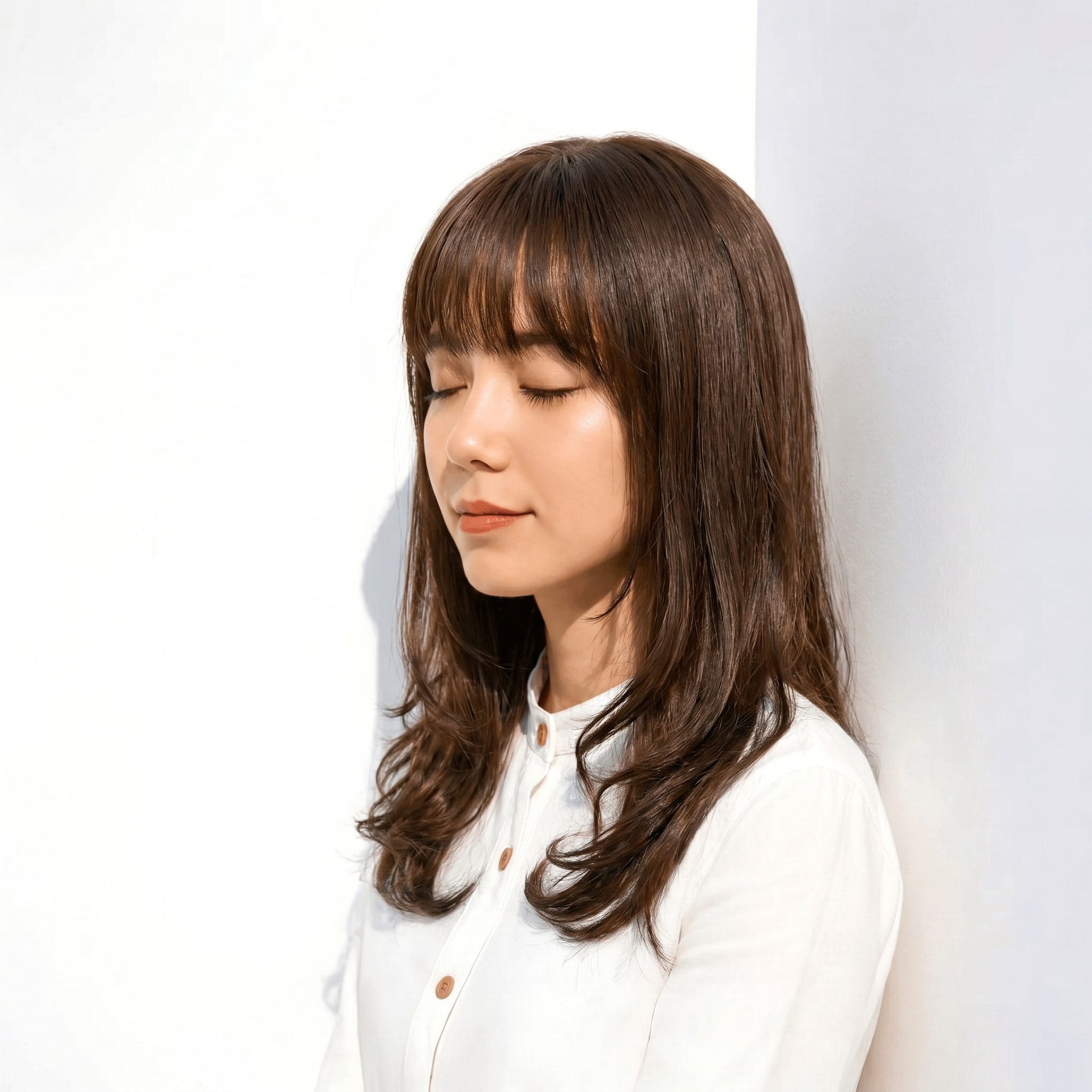 14. カーキグレージュ×ミディアムストレート: 赤みを抑えた上品な髪色で軽やかに