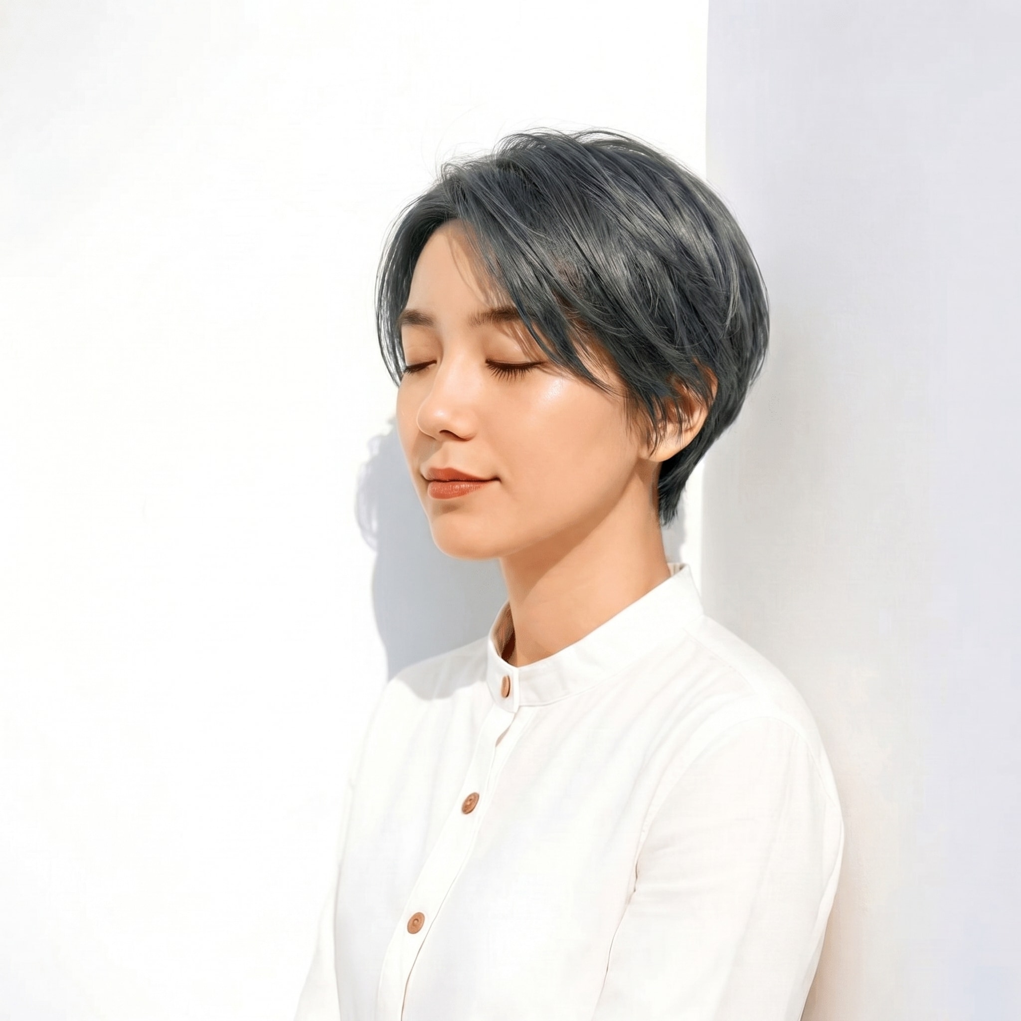 14. グリーンアッシュ×ショートレイヤー: サイド流し前髪でキリッとした印象に