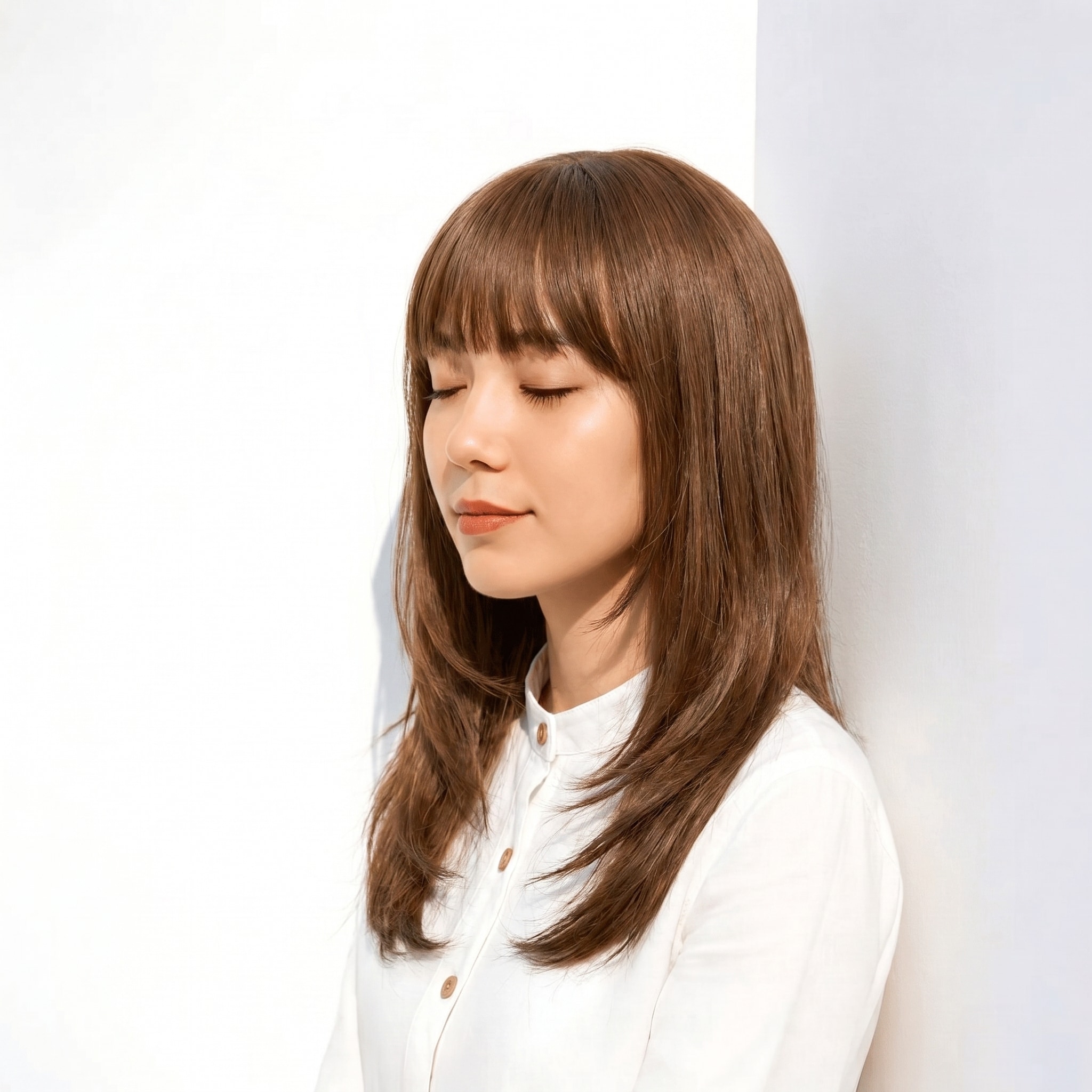 14. グレーブラウン×上品ストレート: 赤みを抑えた艶で大人の落ち着きを演出
