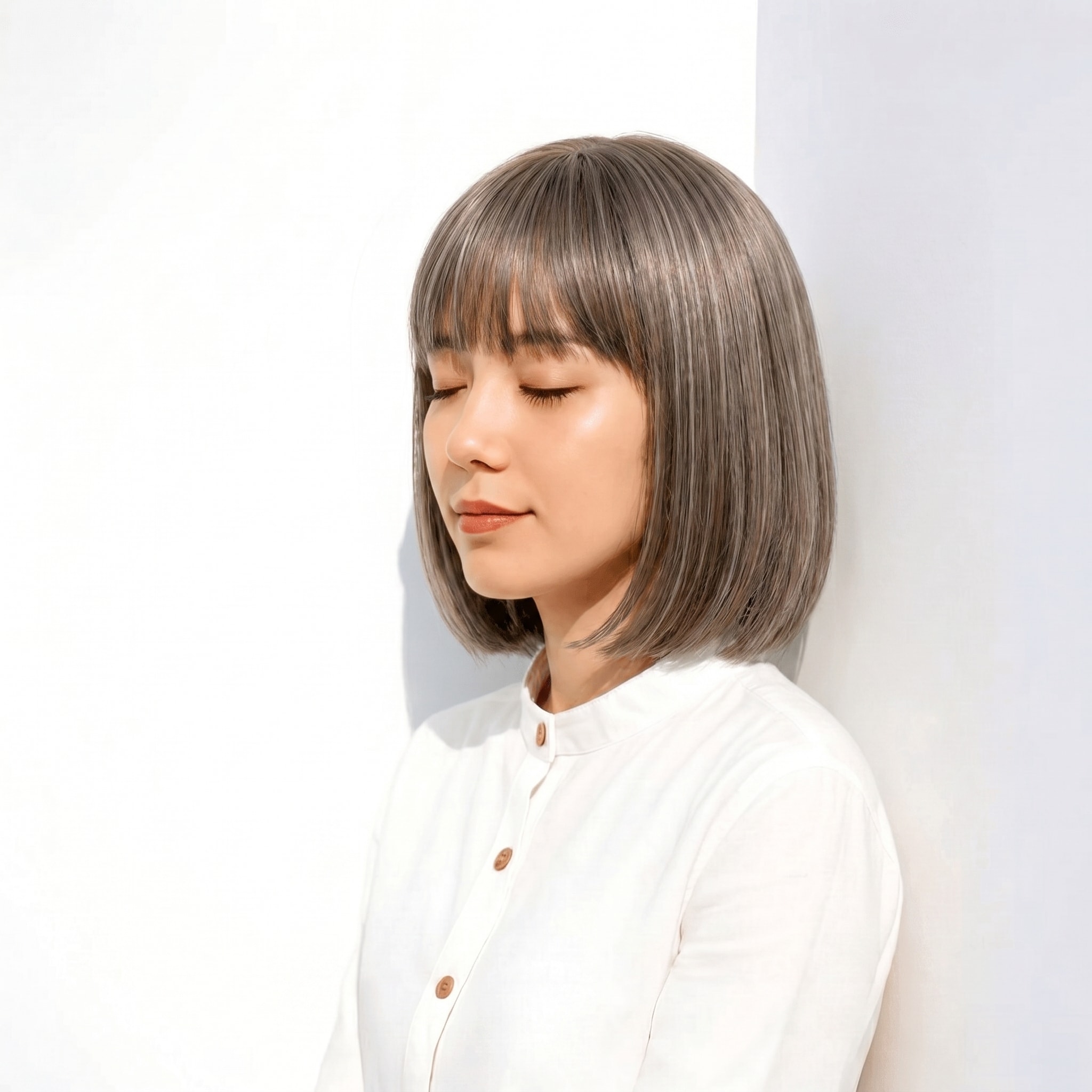 14. グレーベージュ×透け感ボブ: 派手さを抑えた寒色ボブで自然なトーンアップ