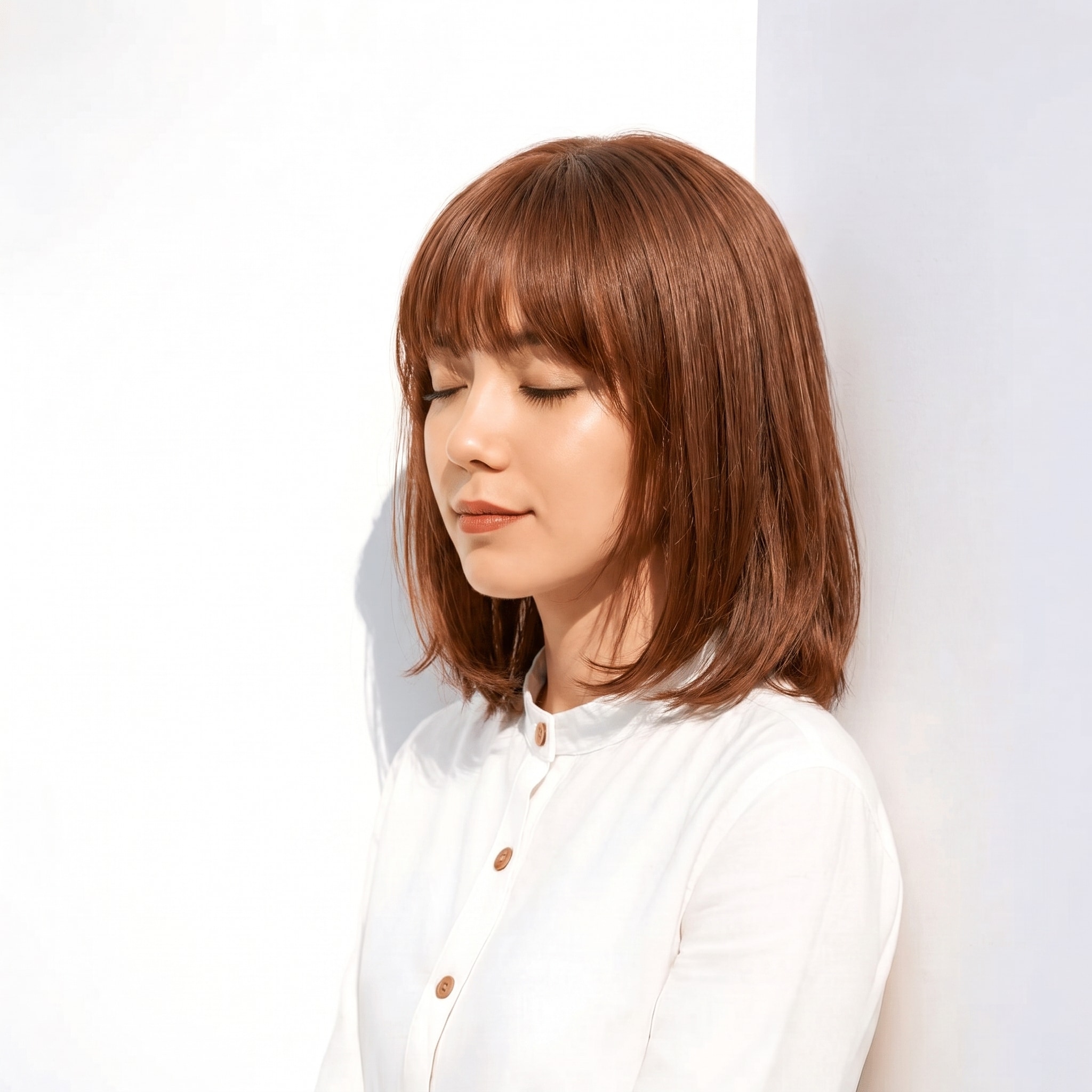 14. ココアブラウン×外ハネボブ: 赤みとオレンジを含む明るめブラウンで厚め前髪が重くなりにくい