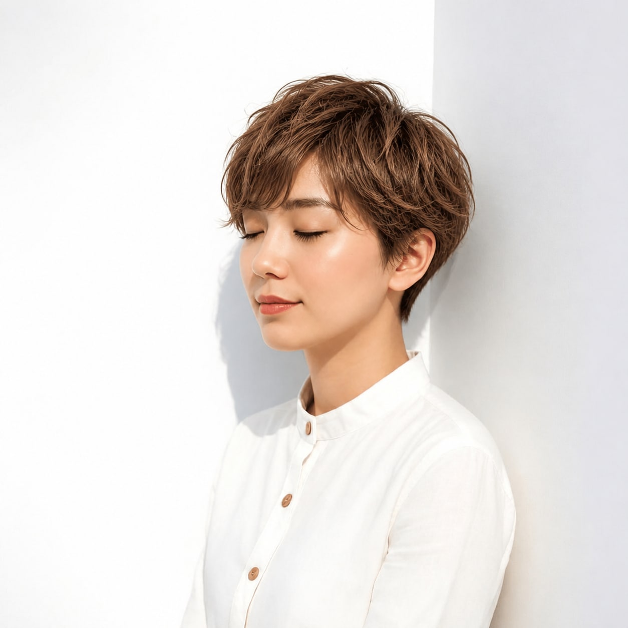 14. ショートパーマ × ベージュブラウン：横へ流れる毛先で顔まわりがすっきり見える