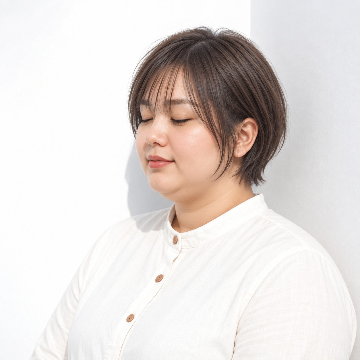 薄めの前髪と顔まわりの毛束があるショートヘア