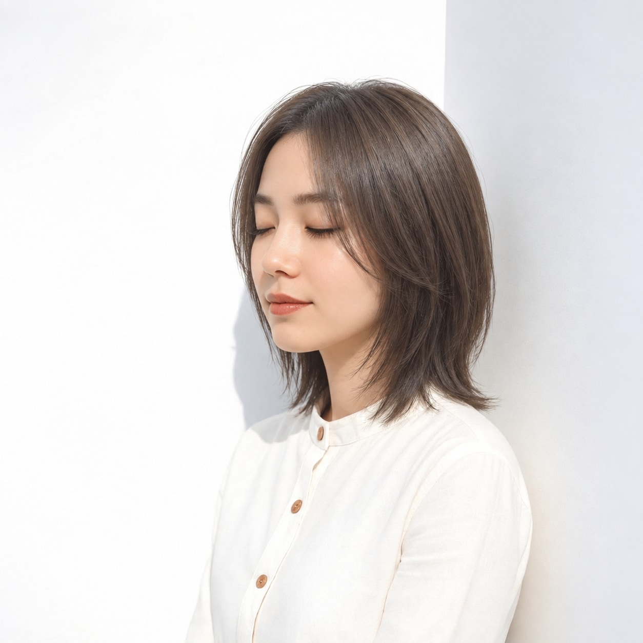 14. ショートレイヤー × 長め × 耳かけアレンジ：顔まわりに余白ができ、ショートの輪郭がすっきり見えます
