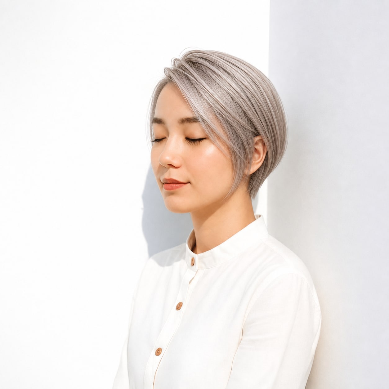 14. シルバーアッシュ×ショート: 寒色の明るさで短めヘアがすっきりする