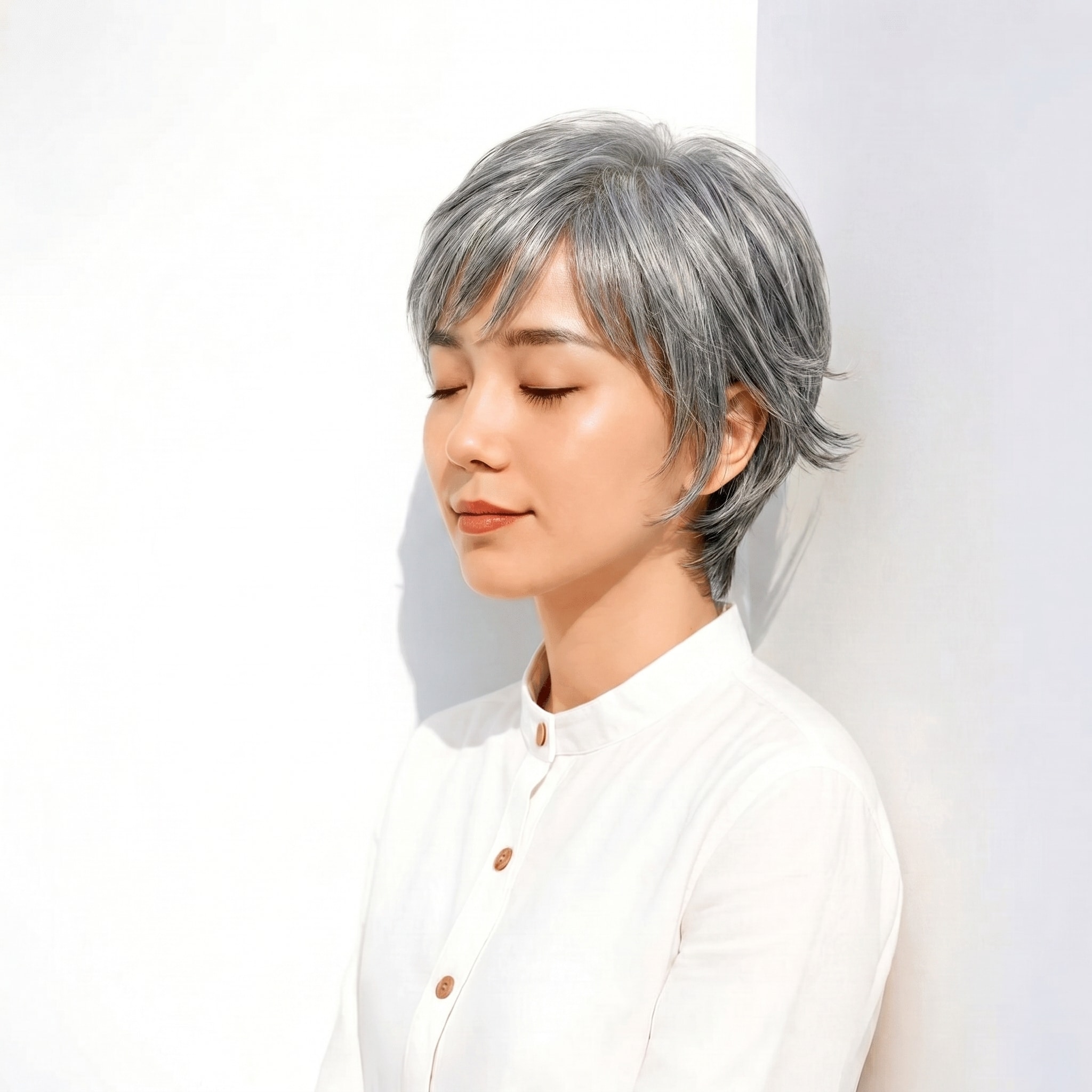 14. シルバーグレー×ショートレイヤー: 丸みとクールさが際立つスタイル