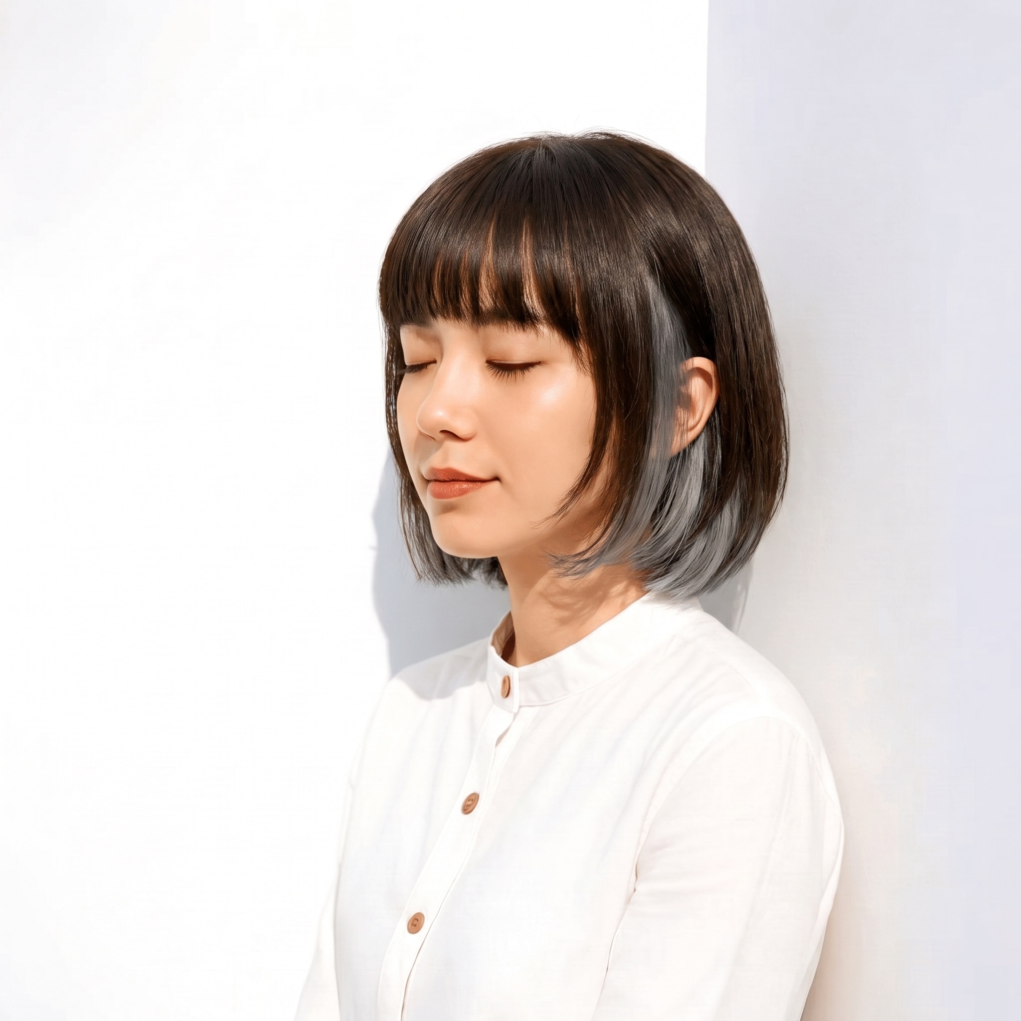 14. シルバーグレージュ×内巻きボブ: 毛先だけ明るくして暗めボブに変化が出る