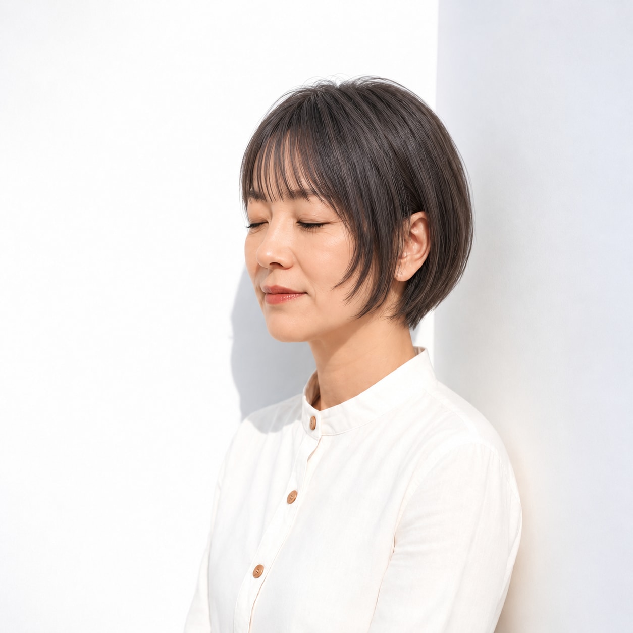 14. ストレートの薄め前髪 × 暗めボブ：つややかな面に軽さを