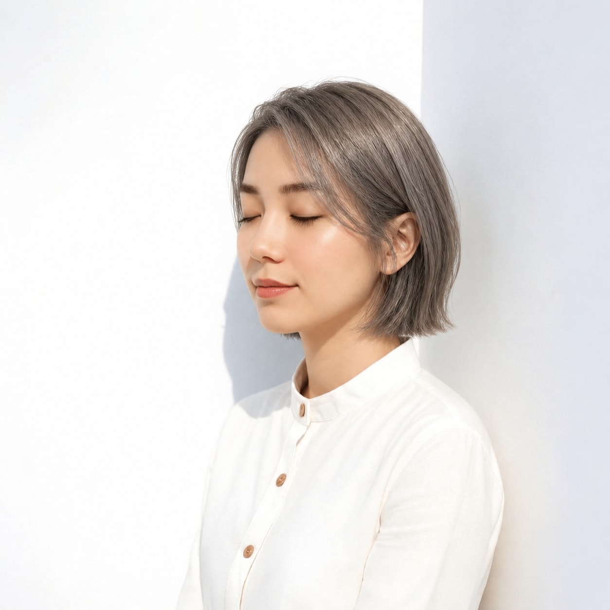14. ストレートボブ × アッシュグレー：控えめな甘さが似合う端正な形