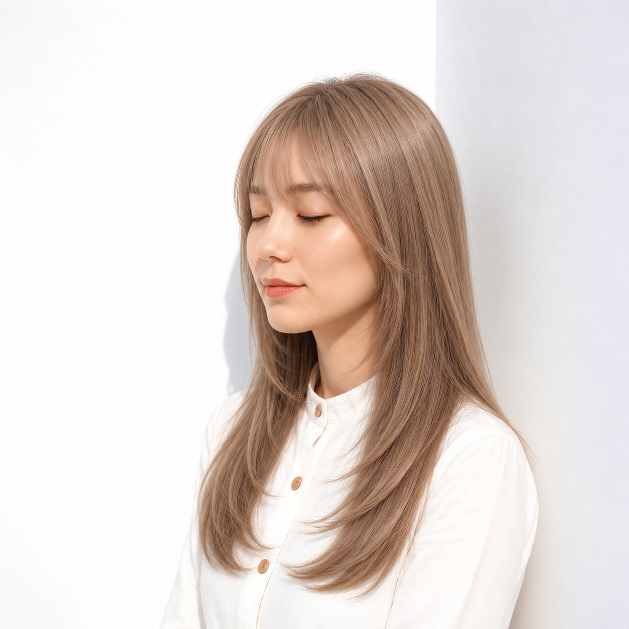 ストレートロング × 明るいベージュ：さらりと軽やかに