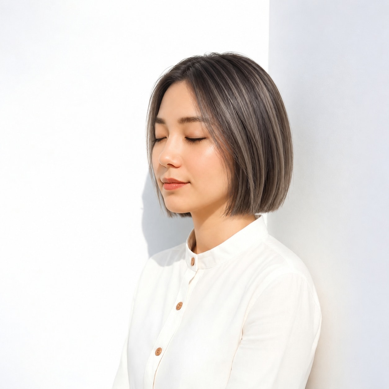 14. センターパートボブ × グレージュ：顔まわりの直線で大人らしく