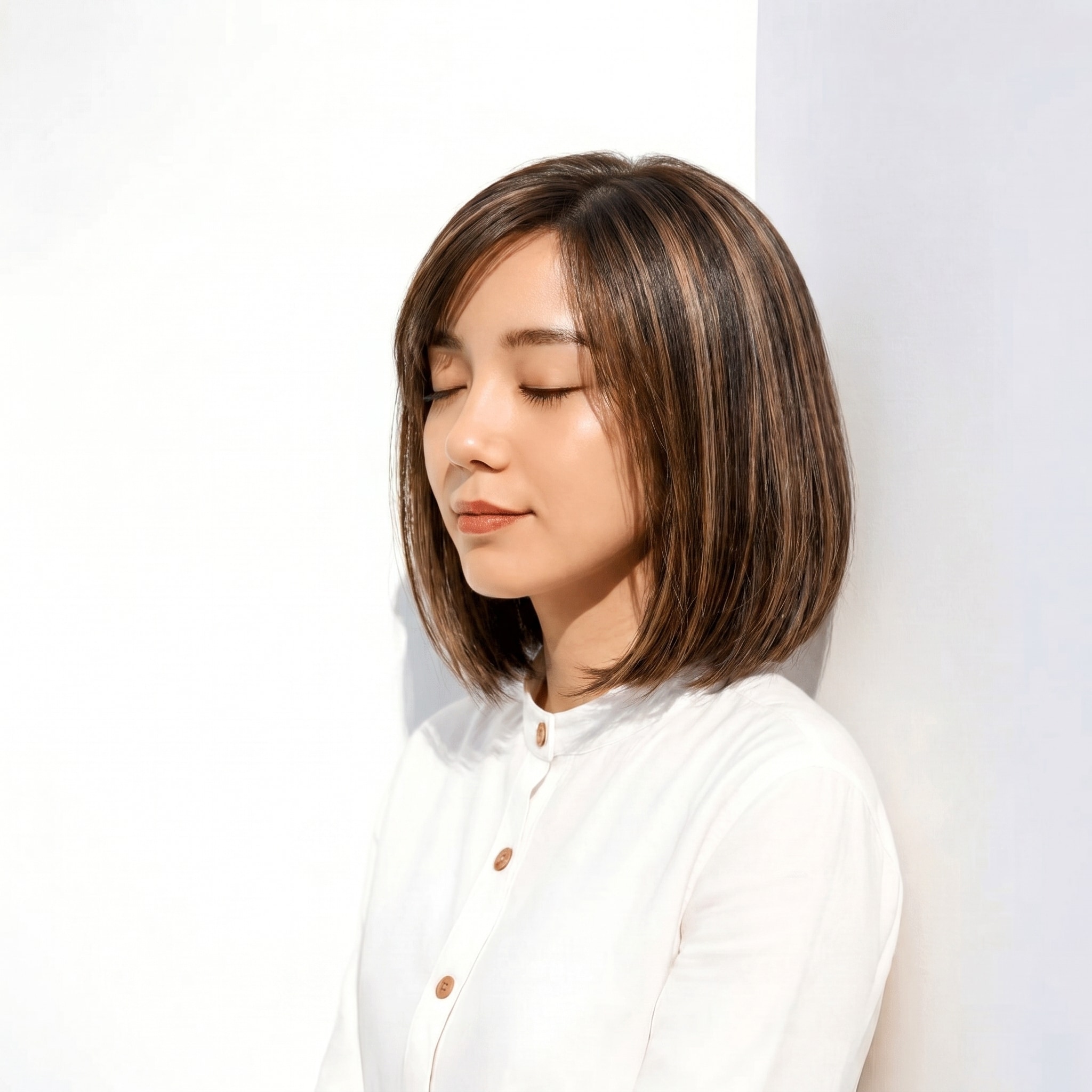 14. ダークグレージュ×ワンレンボブ: 落ち着きと動きを両立するスタイル