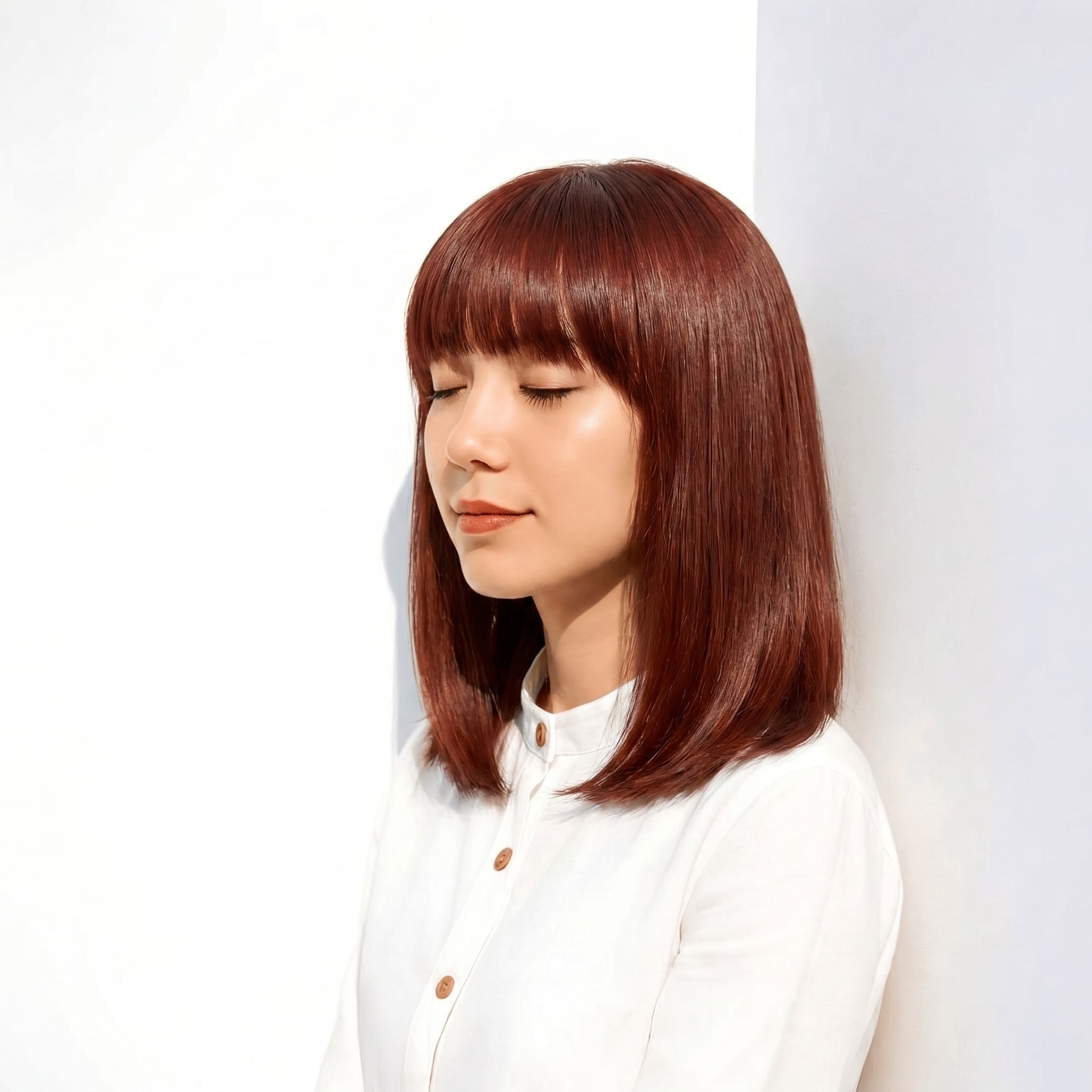 14. チェリーレッド×フェミニン: 内巻きが映える女性らしいスタイル