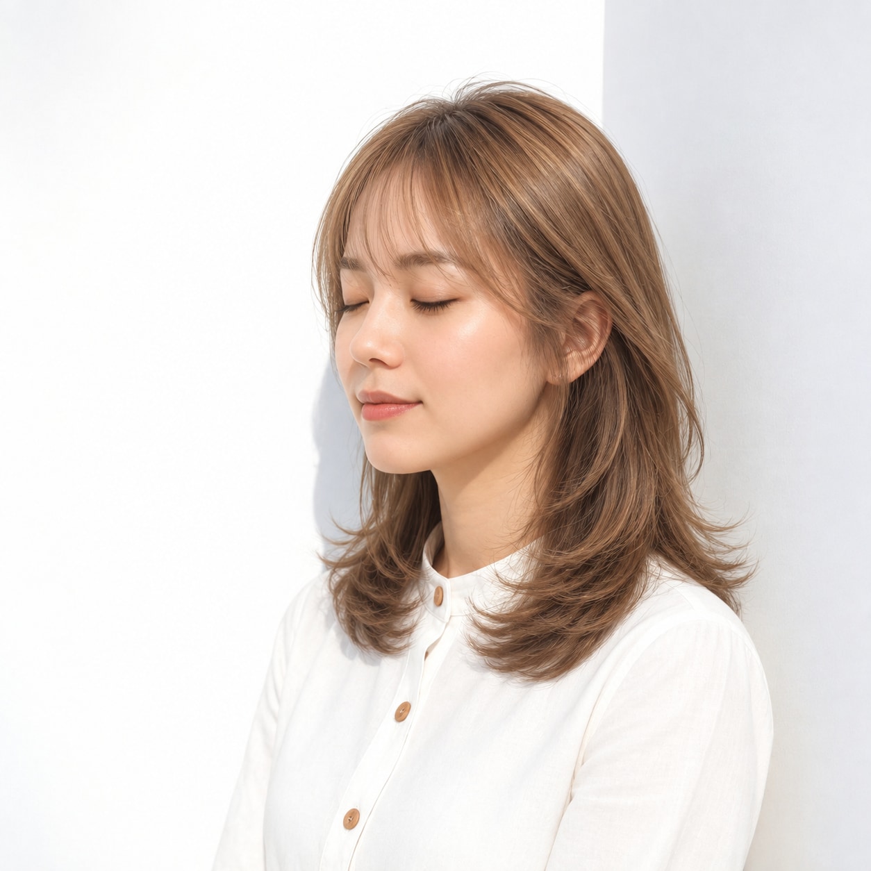 レイヤーが入ったミディアムヘアのハニーベージュ