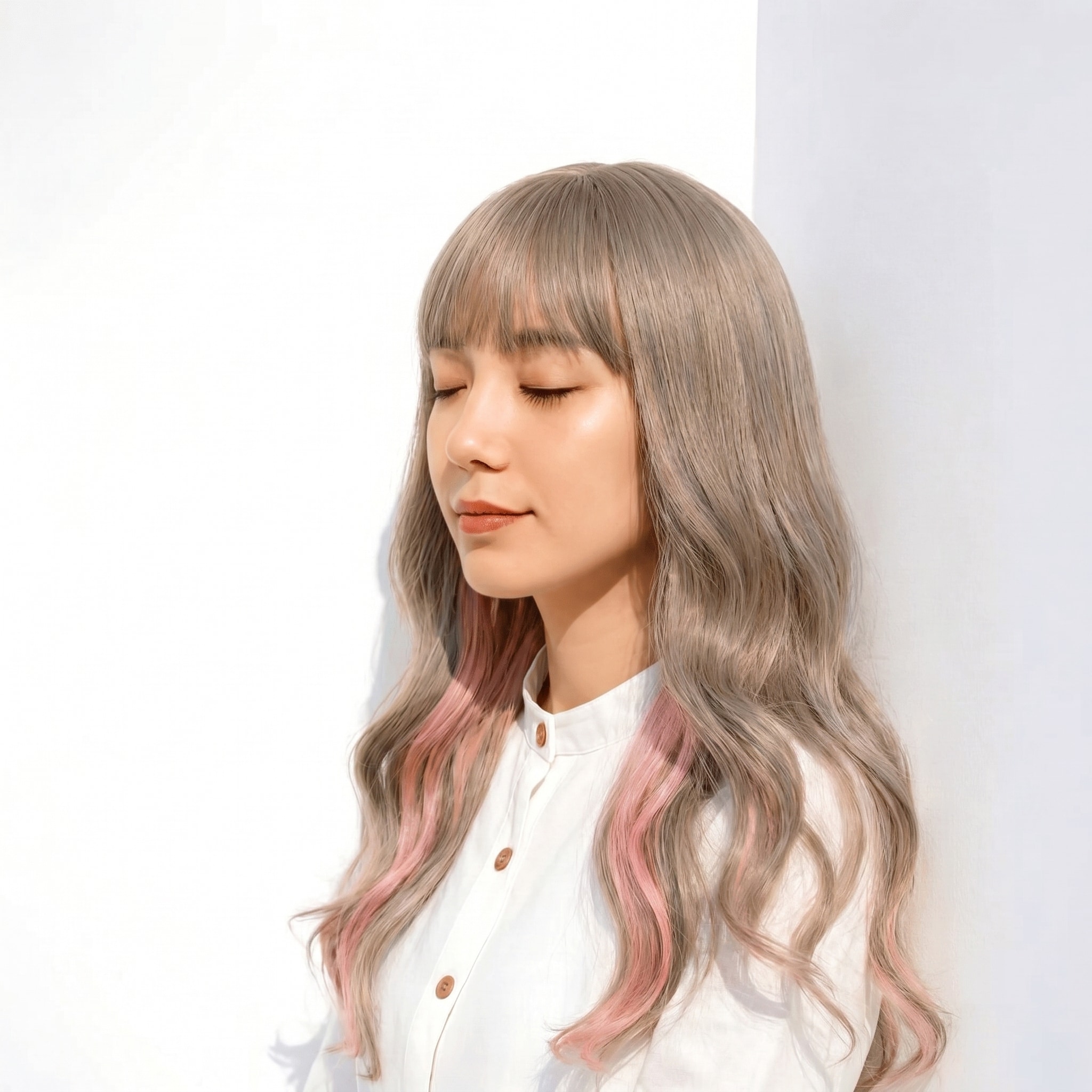 14. ピンクインナーカラー×ロングウェーブ: 赤みを抑えたアッシュグレージュで軽やかに
