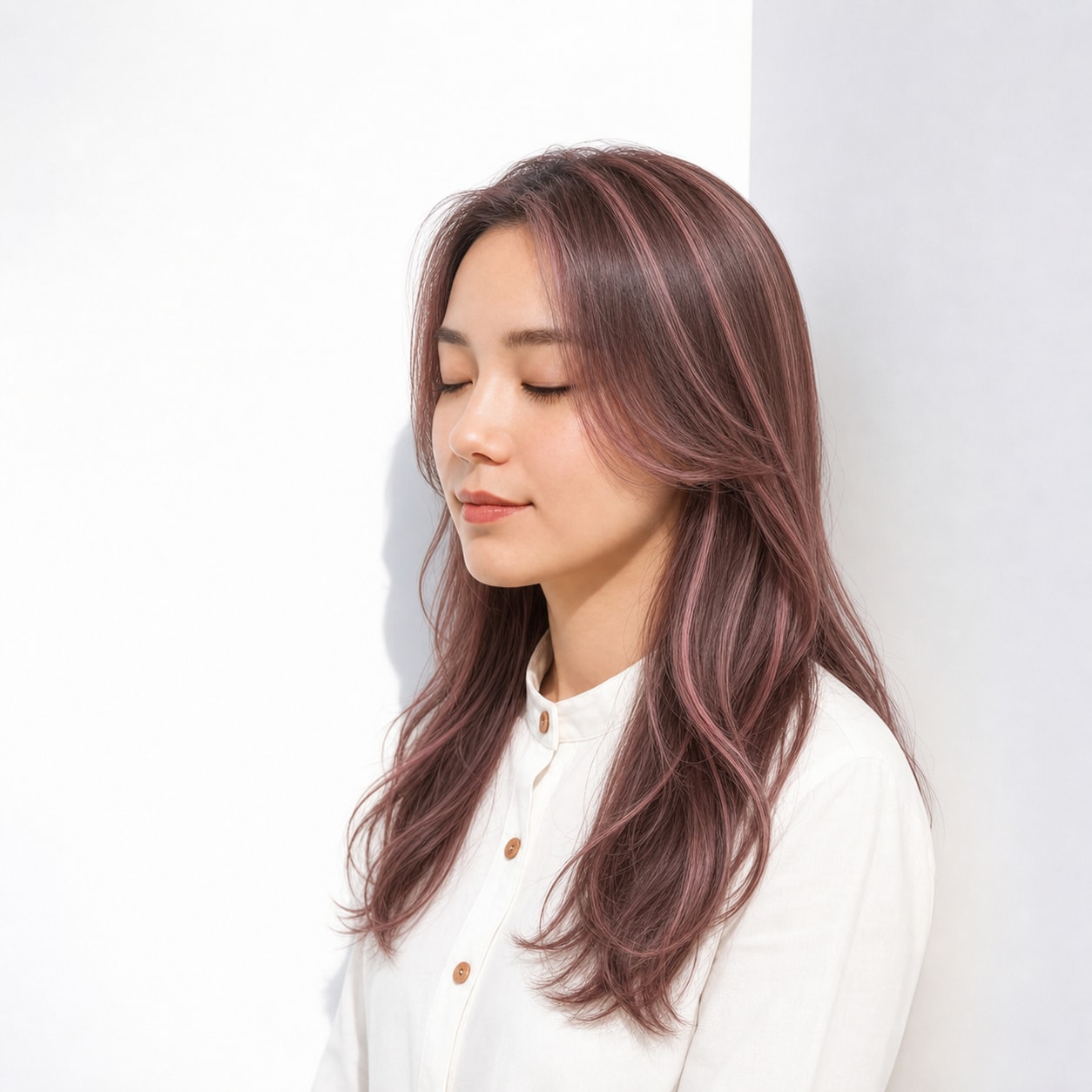 14. ピンクハイライト×ウェーブロング: ピンクの細いラインでロングが重くなりにくい