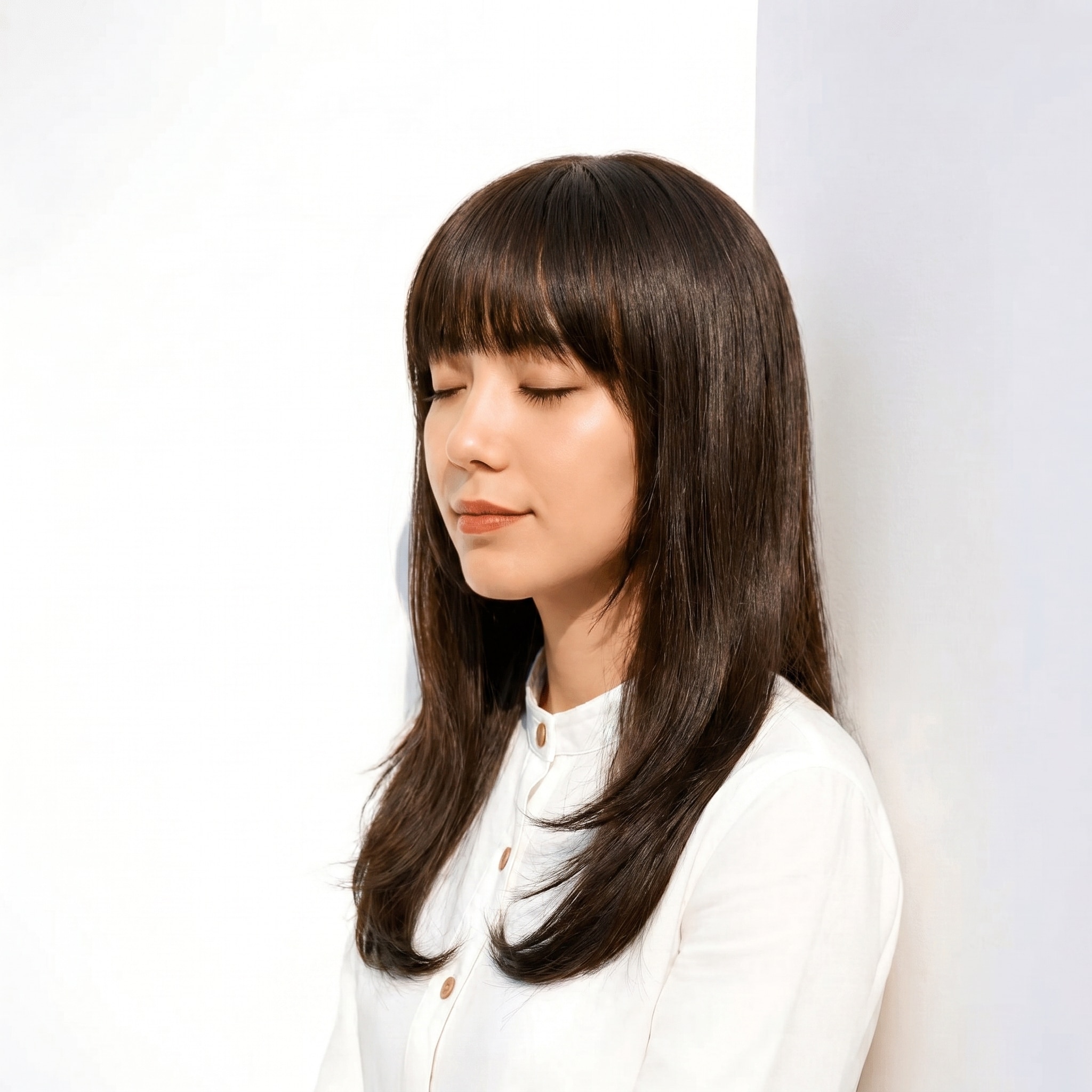 14. ブリーチなしグレージュ×フルバング: 赤みを抑えた軽やかなストレートヘア