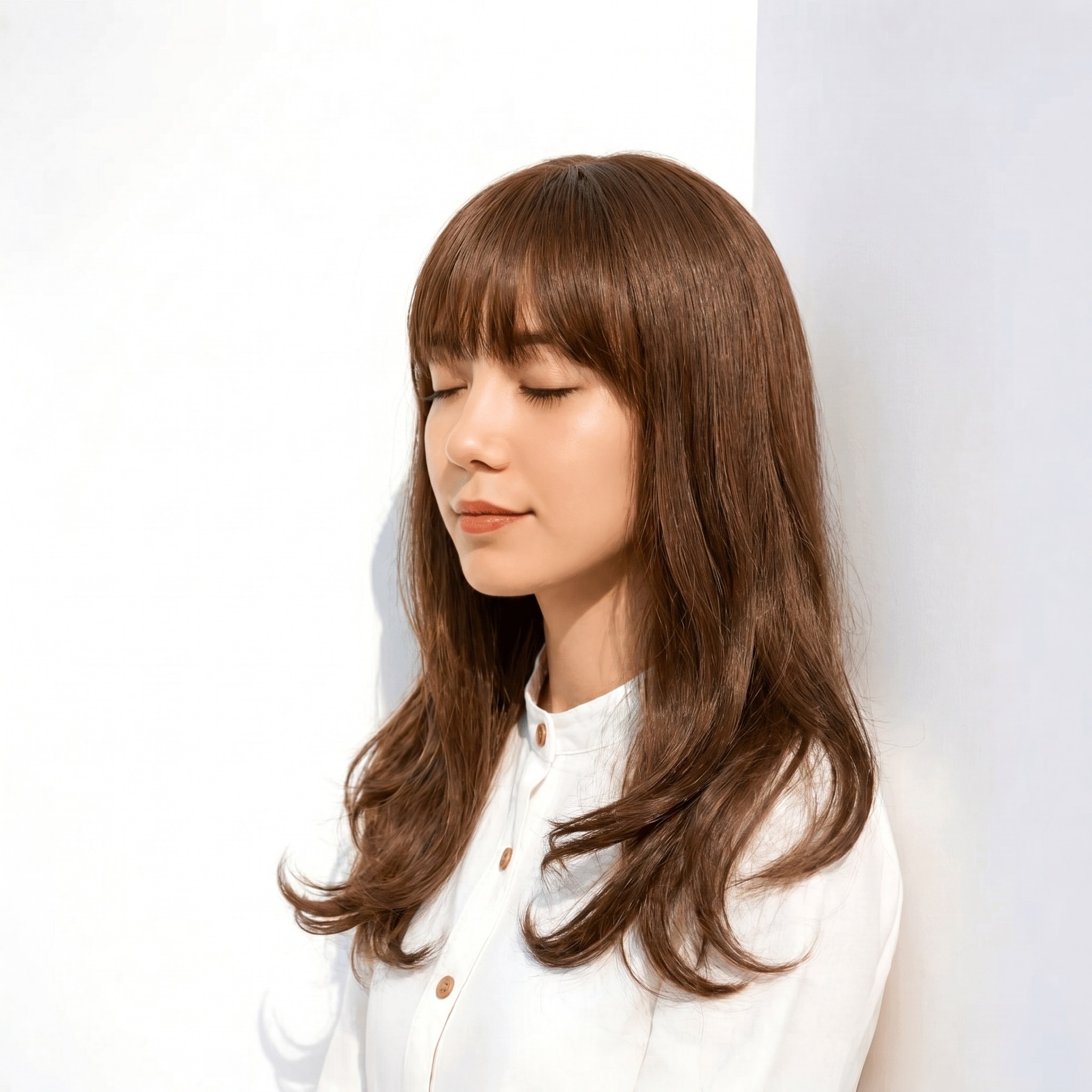 14. ブリーチなしミルクティーベージュ×ロング: 優しい印象を与える均一なカラーリング