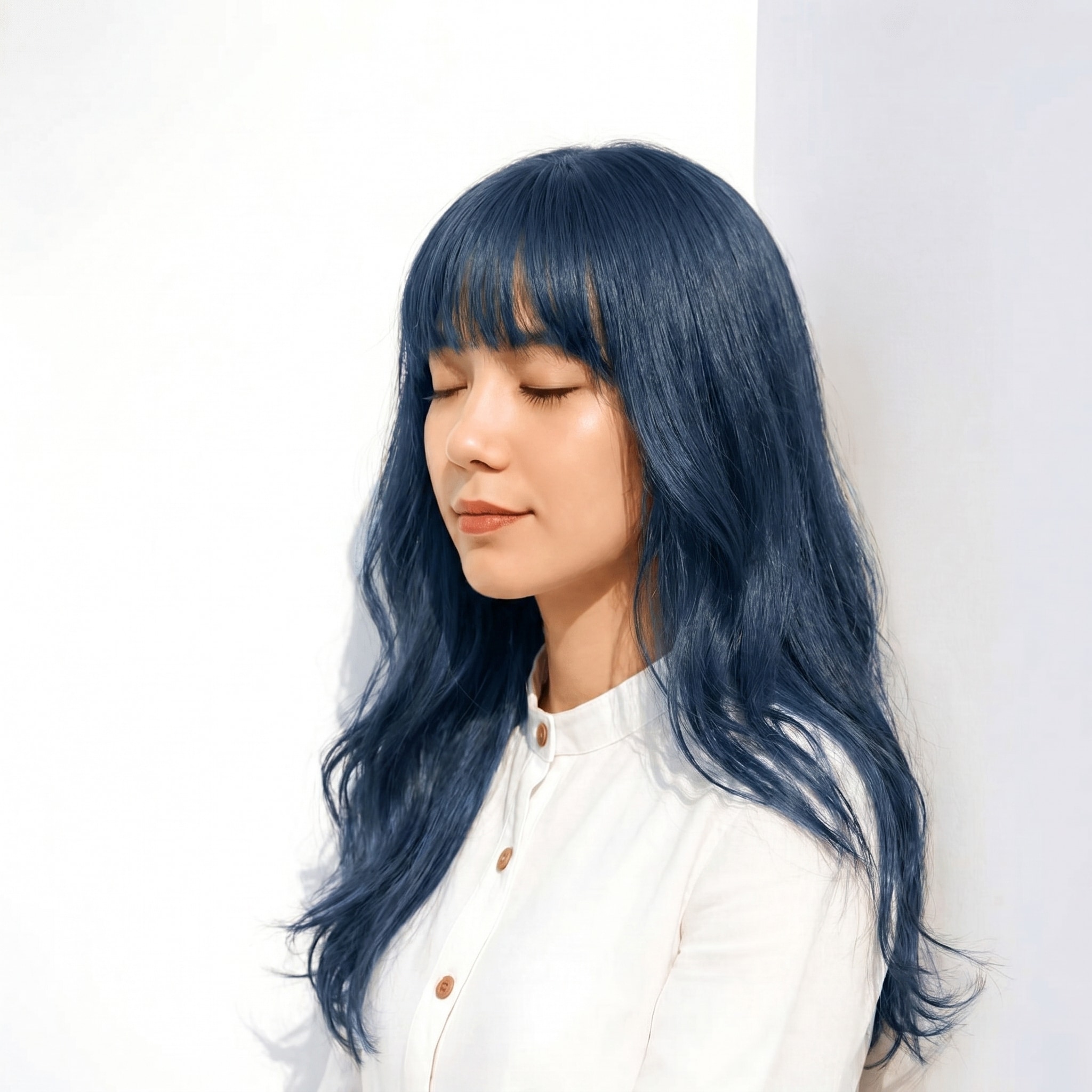 14. ブルーアッシュ×ロングウェーブ: 落ち着きと柔らかさを両立する大人スタイル
