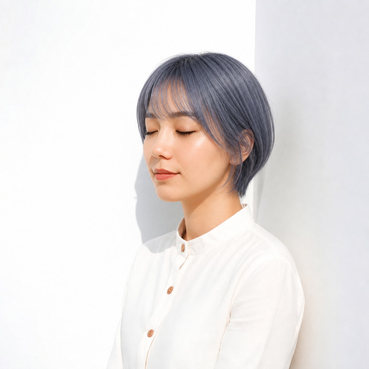 14. ブルーグレージュ×ショートボブ: 明るめの青みグレーで顔まわりが柔らかくなる