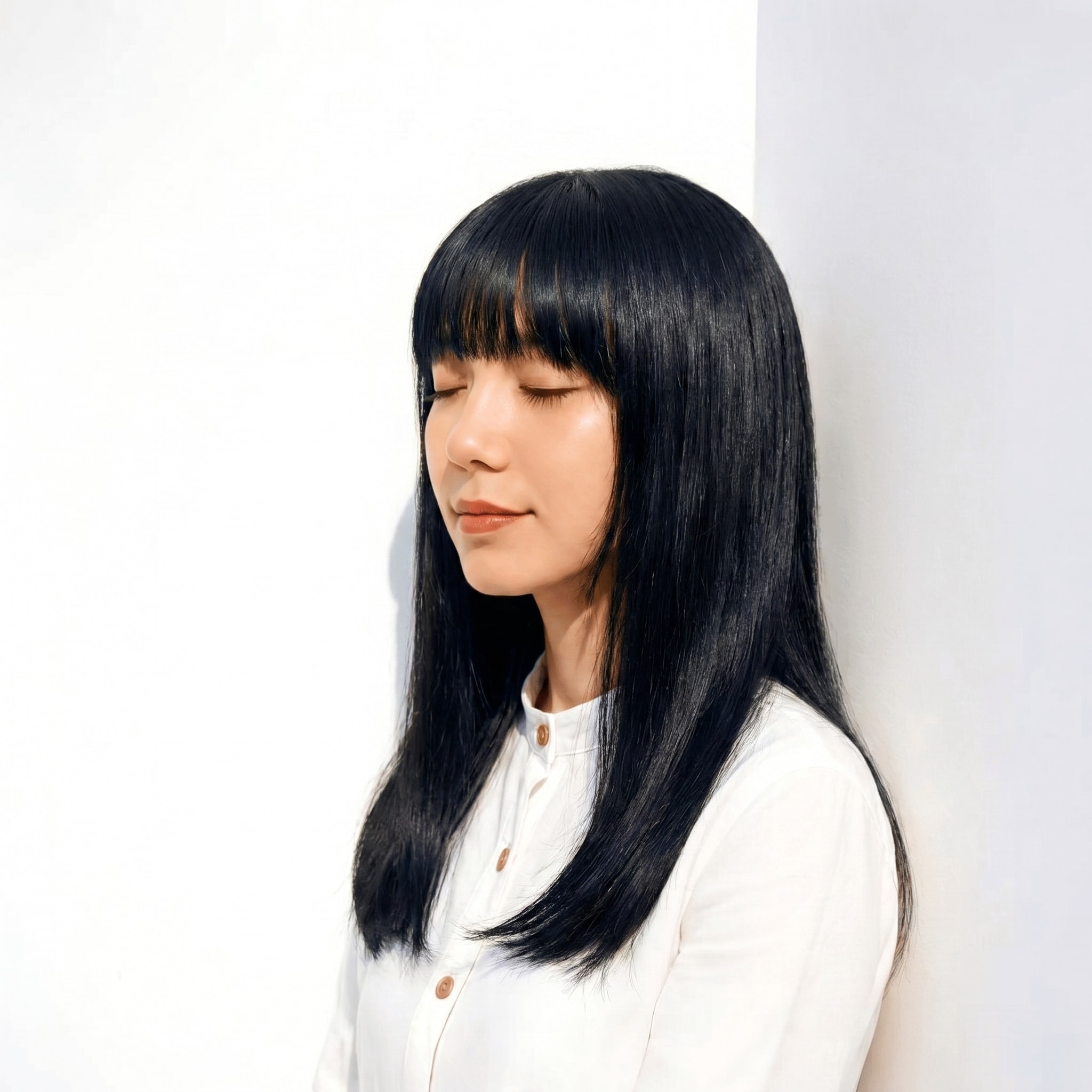 14. ブルーパープル×モードスタイル: 青紫のツヤが光るミディアムロングで凛とした印象に