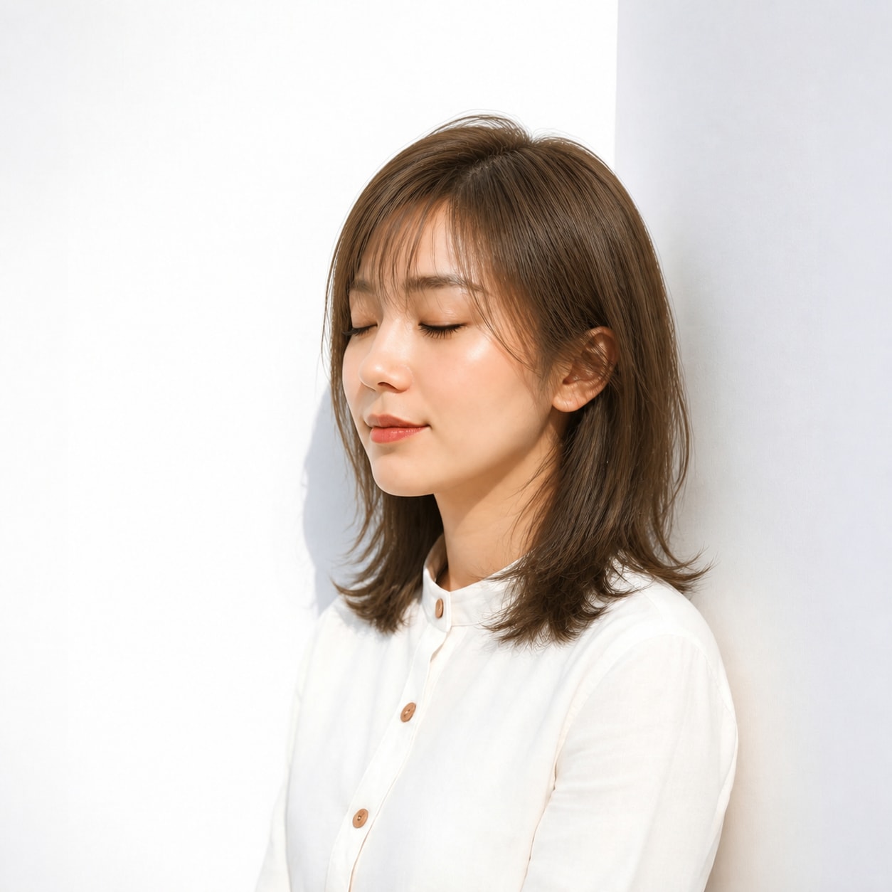 14. ヘーゼルブラウン × 前髪レイヤー：顔まわりを明るく