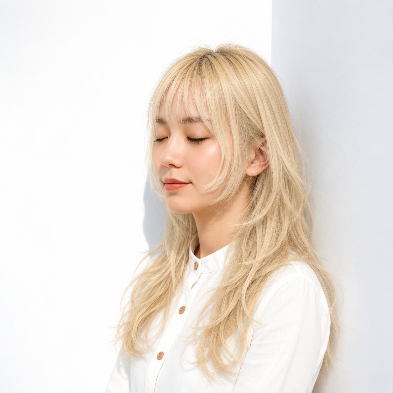 14. ベージュゴールドブロンド × レイヤーロング：軽い毛先にまろやかさを