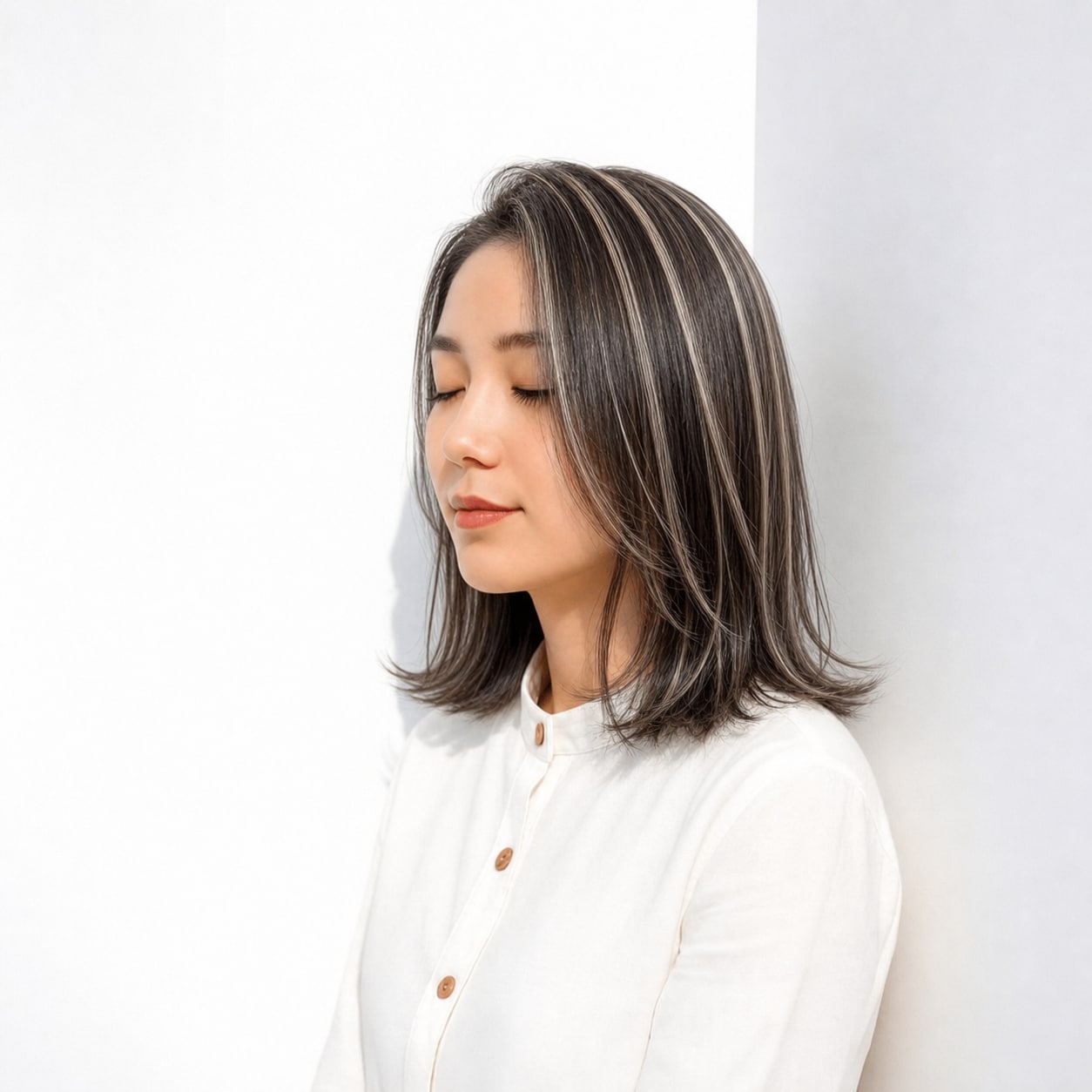 14. ホワイトメッシュ×ストレートボブ: 表面のラインでレイヤーの段差が引き立つ