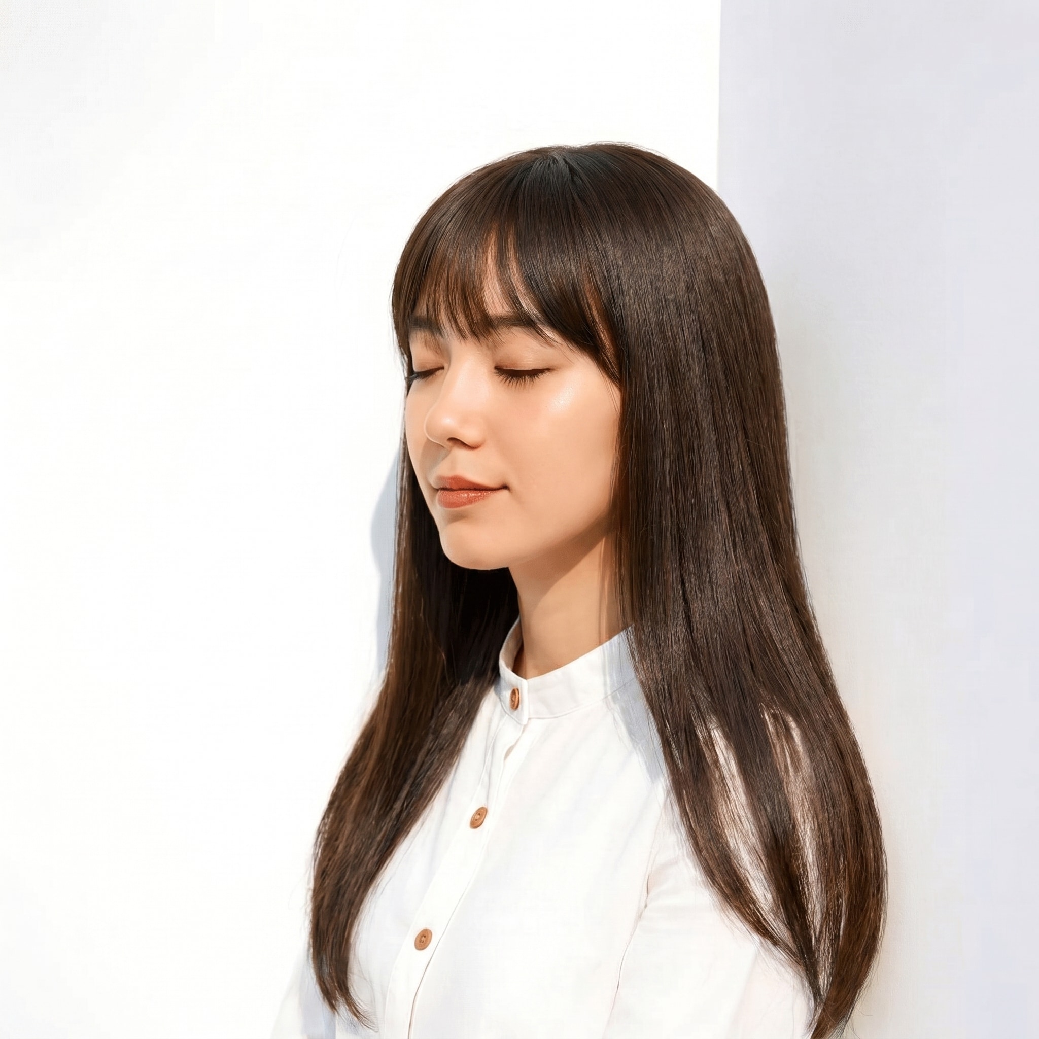 14. マロンベージュ×上品ツヤ: やや暗めの色みでロングストレートに奥行きを
