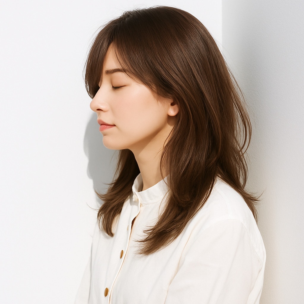 14. モカベージュ×ロングへアー：顔色をやさしく明るく見せる