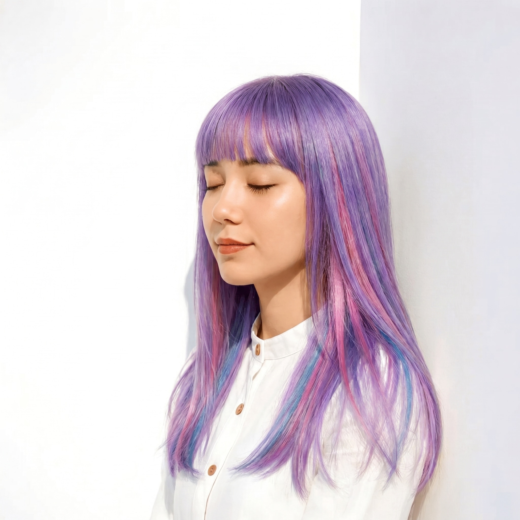 14. ユニコーンカラー×ストレートロング: 赤みを抑えた寒色感で、透明感をきりっと引き出す