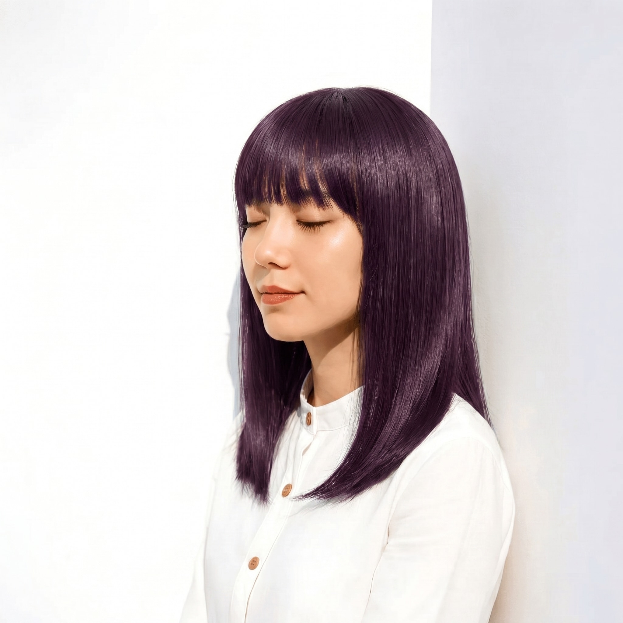 14. ラベンダーグレージュ×ミディアムストレート: 暗めでも重くならず、柔らかな透け感が魅力
