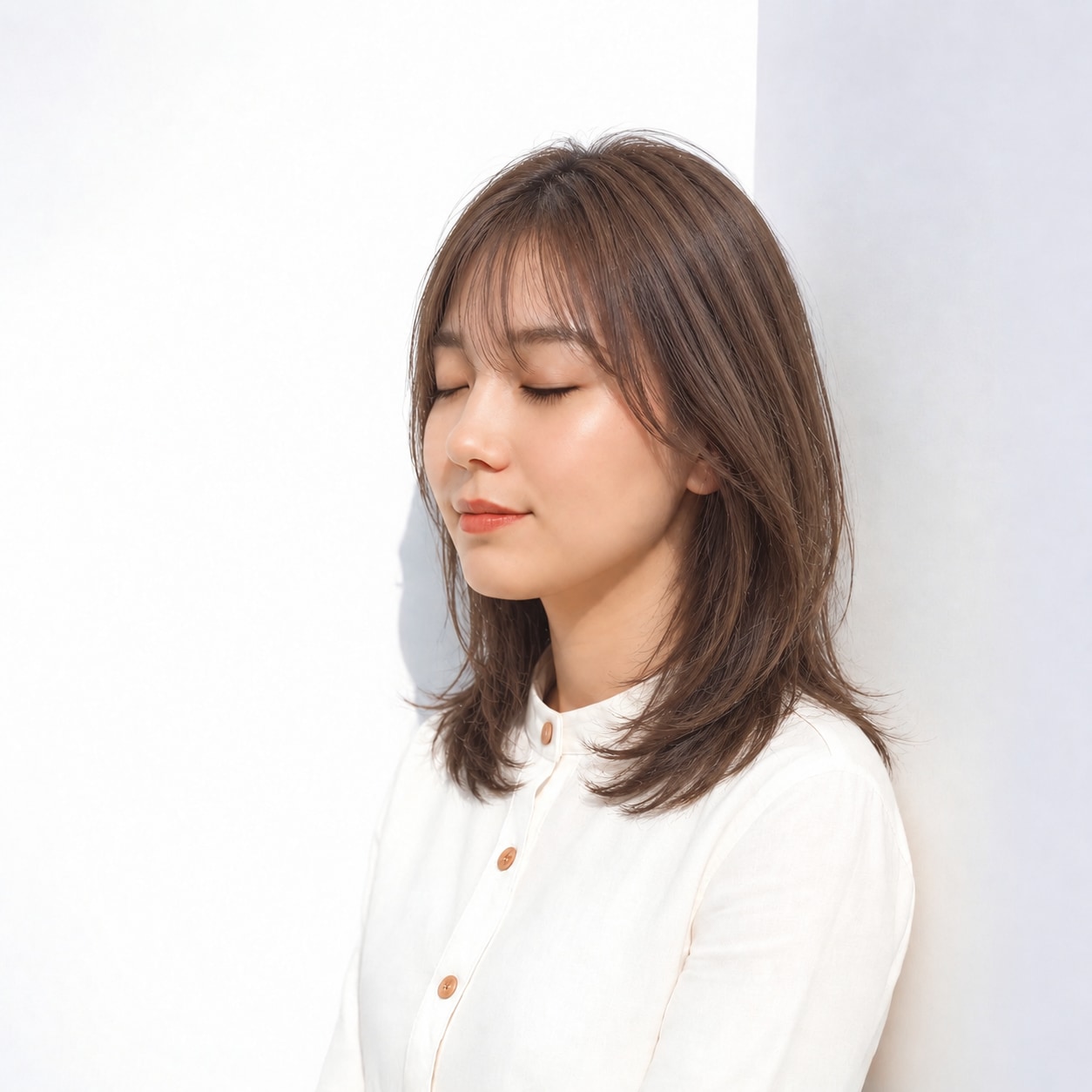 14. レイヤーミディアム × アッシュブラウン：顔まわりに軽い縦のライン