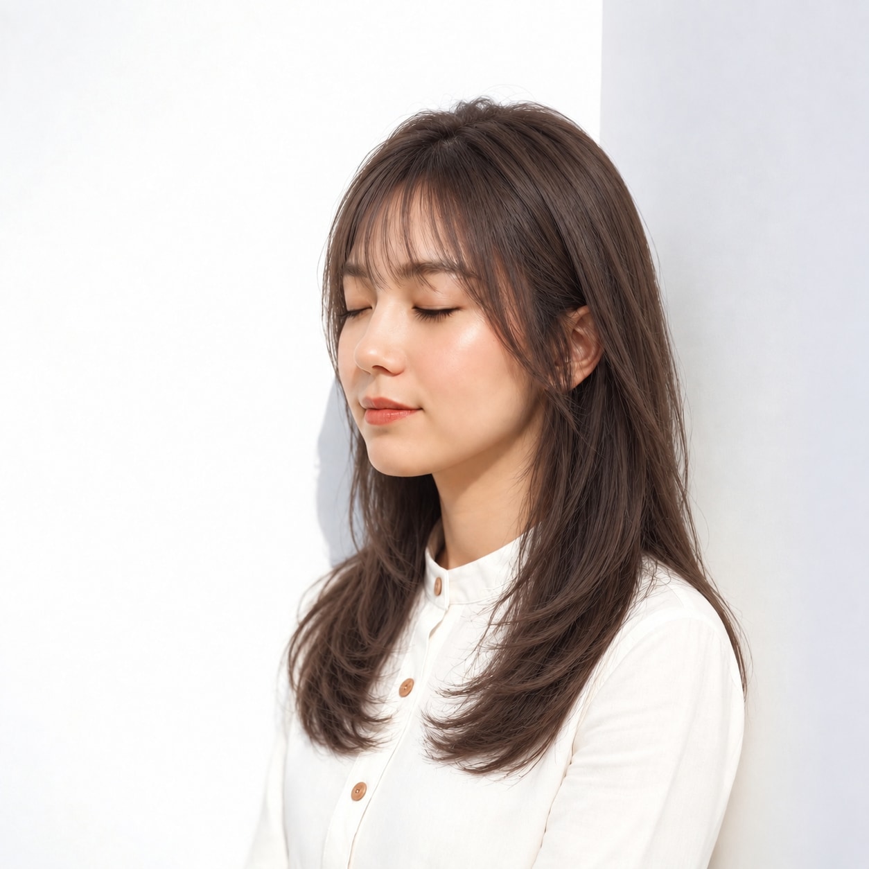 14. レイヤーロング × シースルーバング：薄い顔まわりで自然に調整