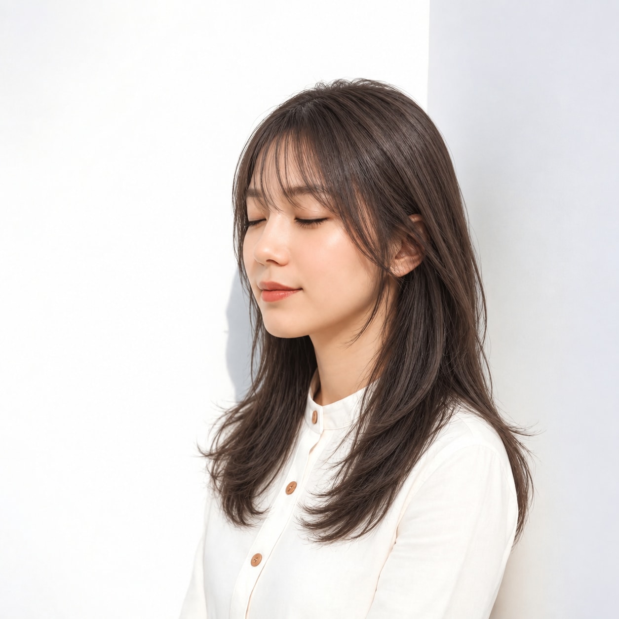 14. ロングレイヤー × 前髪あり × あごライン：顔まわりに斜めの線が入り、輪郭を自然に包めます