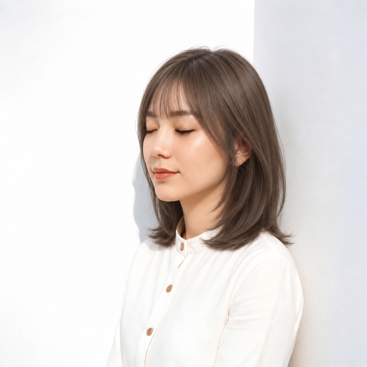 14. 内巻きミディアム × 薄め前髪：輪郭に沿うラインで穏やかに