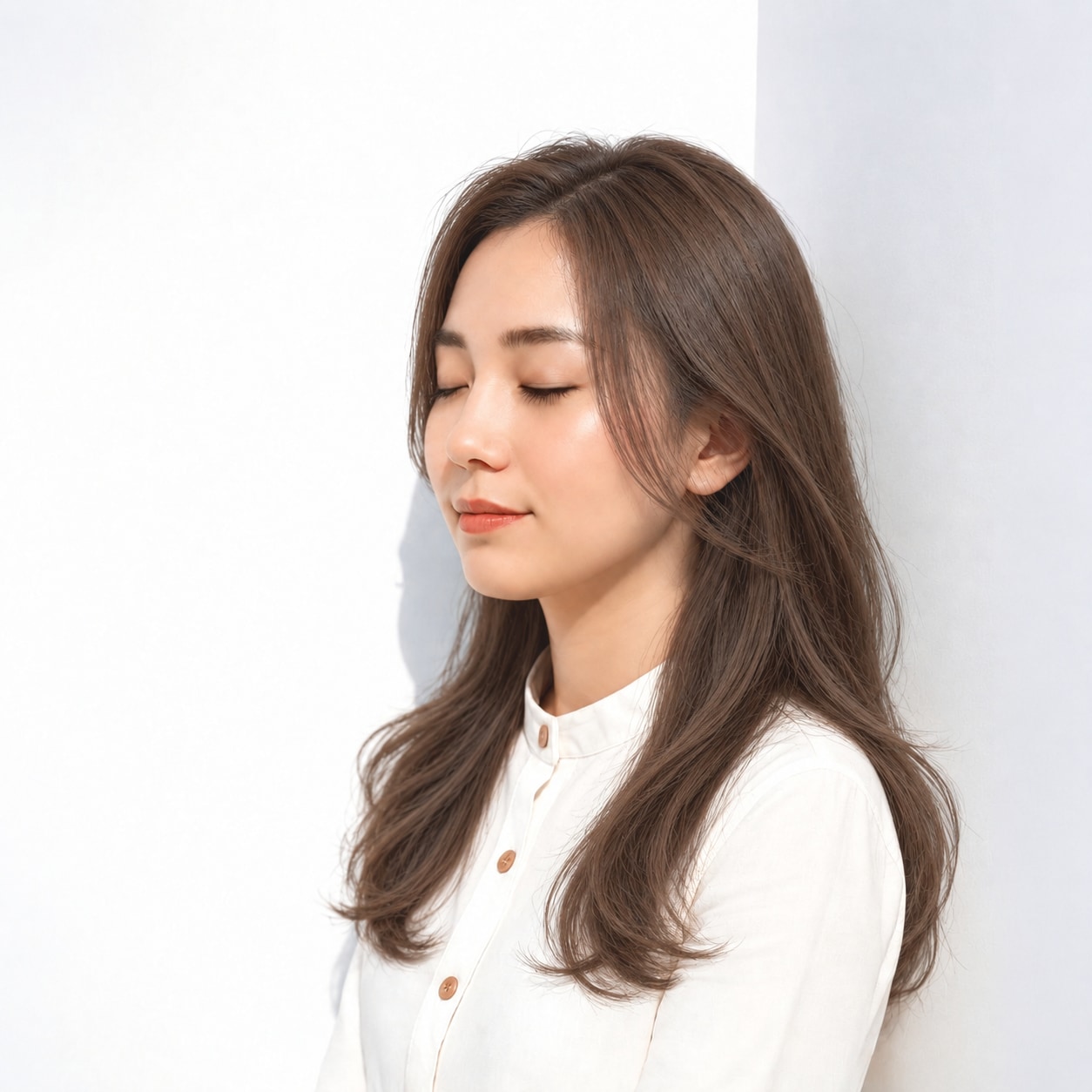 14. 前髪なしゆる巻きロング × ブラウン：頬下のカーブで上品に