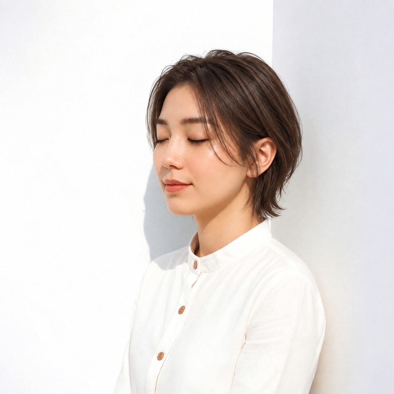 暗めブラウン系のウルフボブ。後頭部のなめらかな丸みと短い襟足