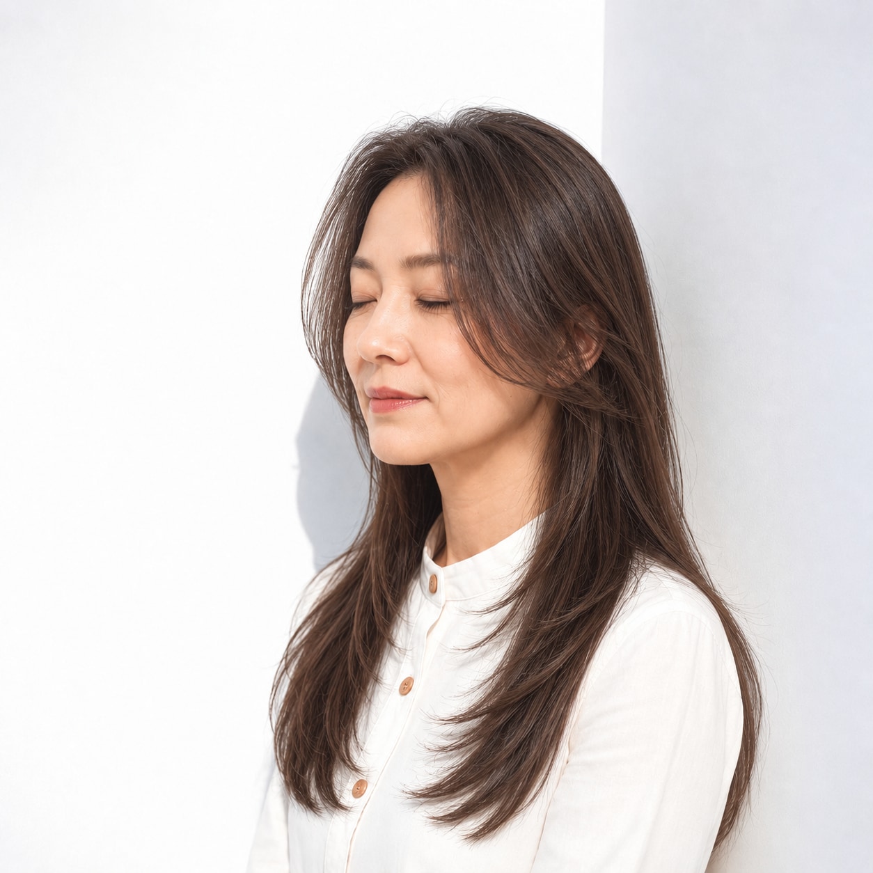 6. 前髪なしロング × 顔まわりレイヤー：自然体で軽やかに