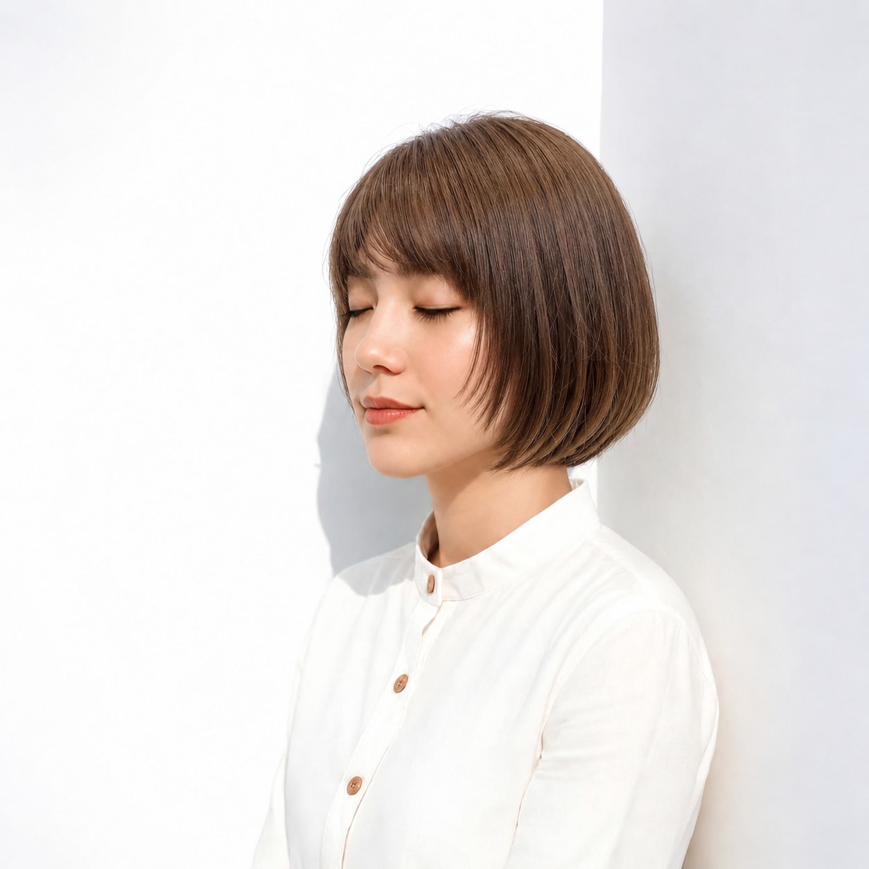 14. 厚め前髪ボブ × ブラウン：丸いラインで愛らしい表情に